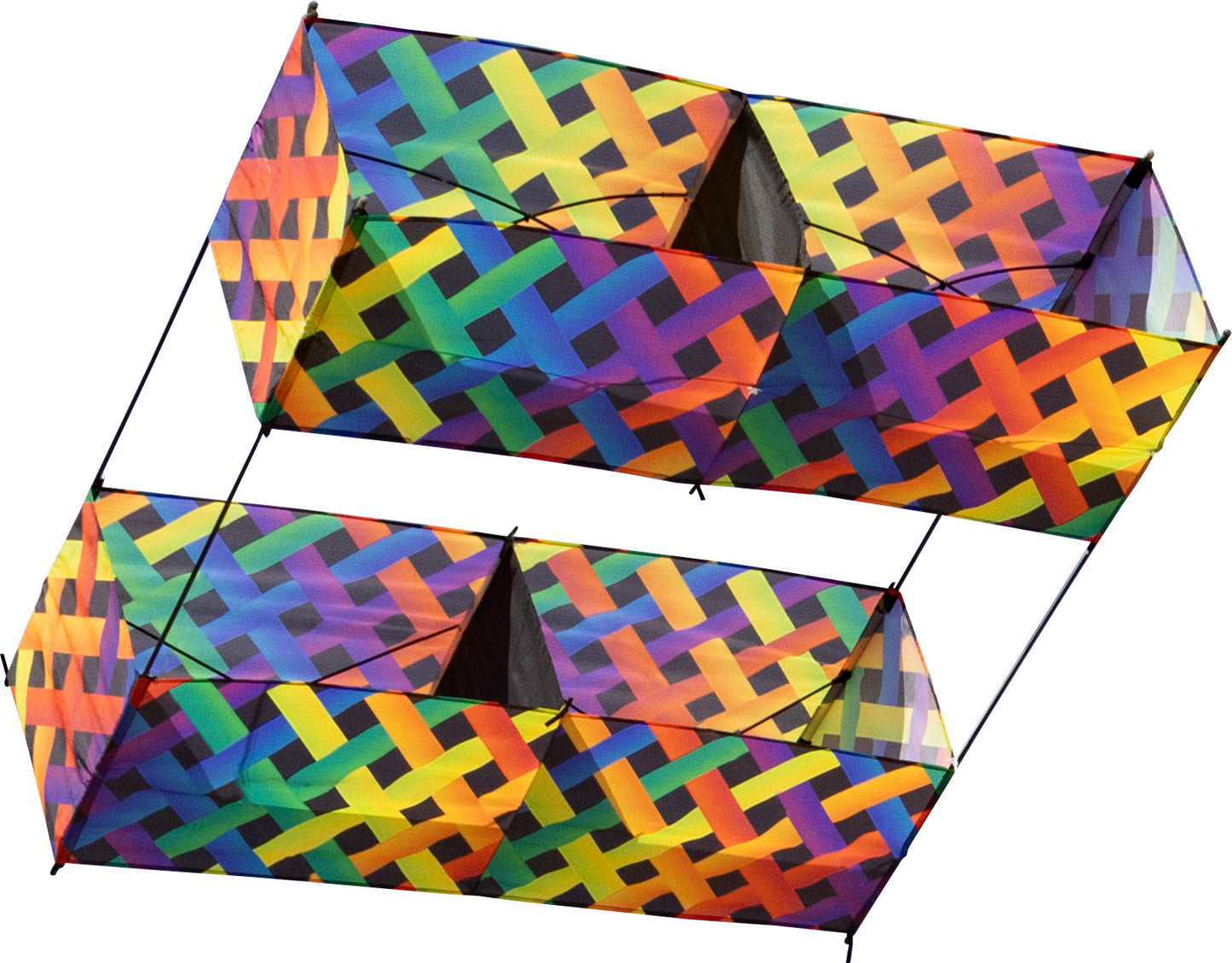Colorful geometric-patterned box kite on a white background