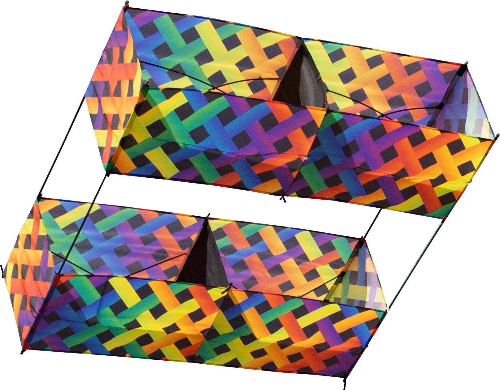 Colorful geometric-patterned box kite on a white background