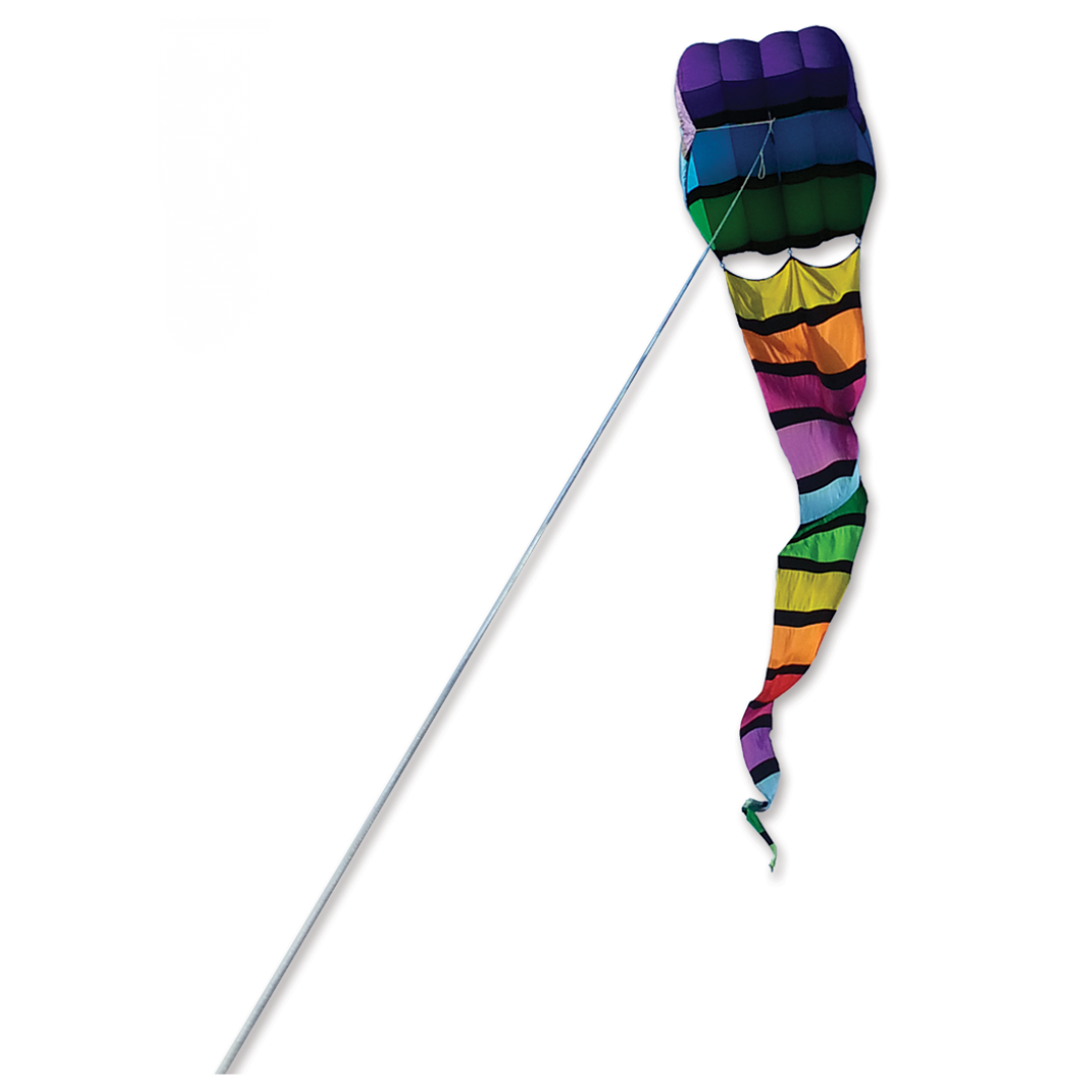 Colorful striped kite with a long tail on a white background