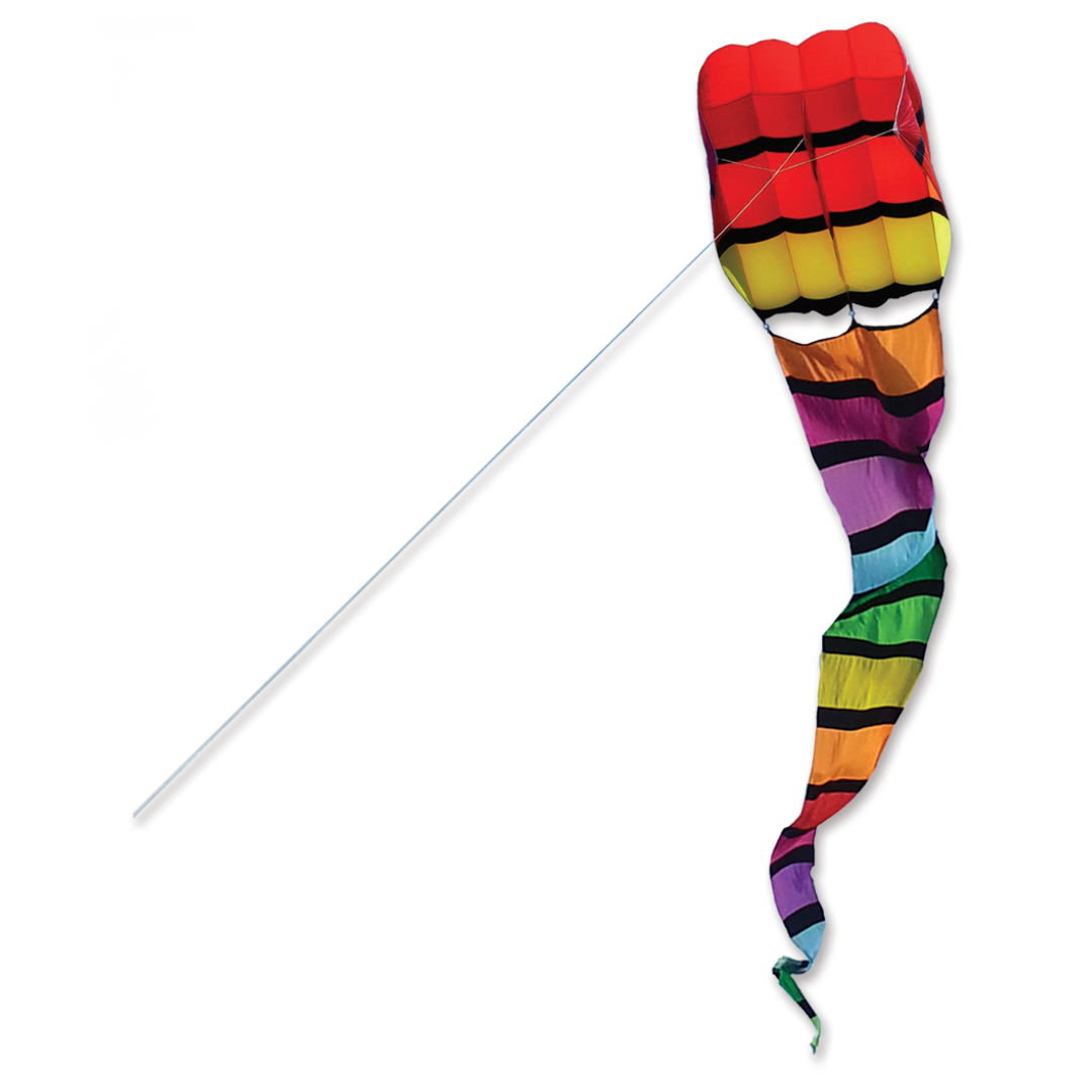 Colorful striped kite with a long tail on a white background