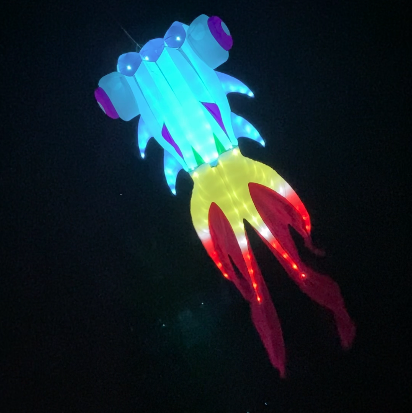 Colorful glowing LED goldfish kite on a black background