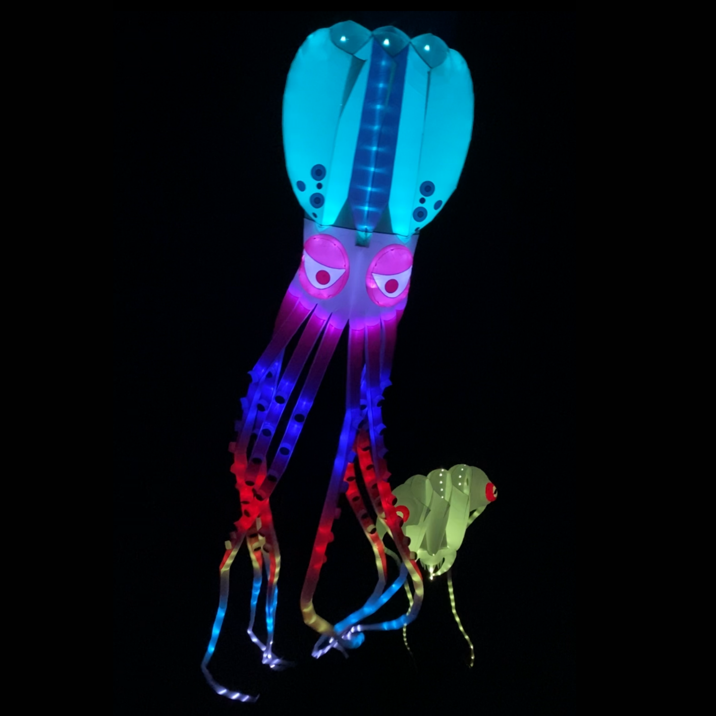 Colorful glowing squid-shaped kite on a black background
