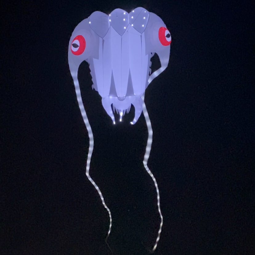 Ghostly blue jellyfish with red eyes on a black background
