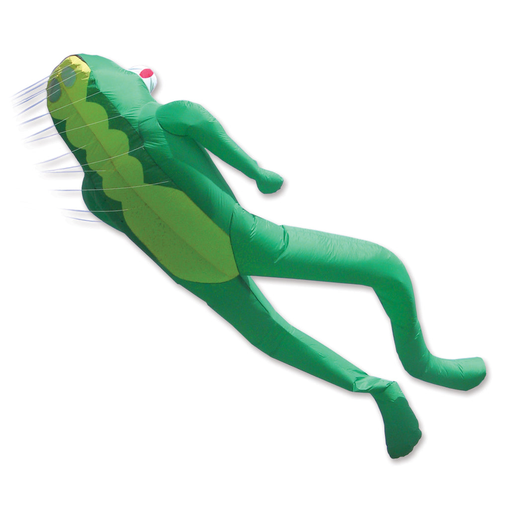 Green inflatable frog-shaped kite on a white background