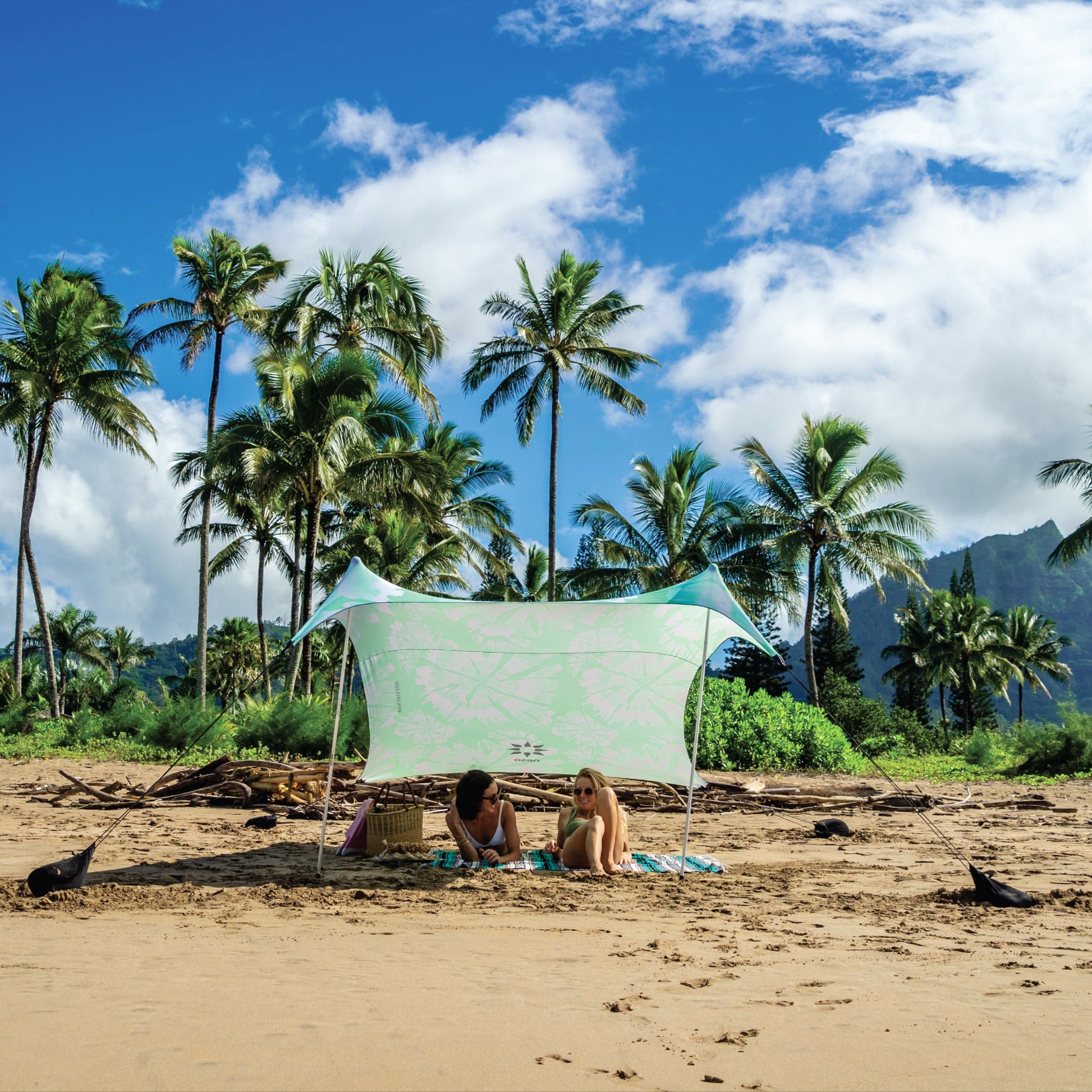 Two people sitting under a green NESO canopy on a sandy beach with palm trees and mountains in the background.