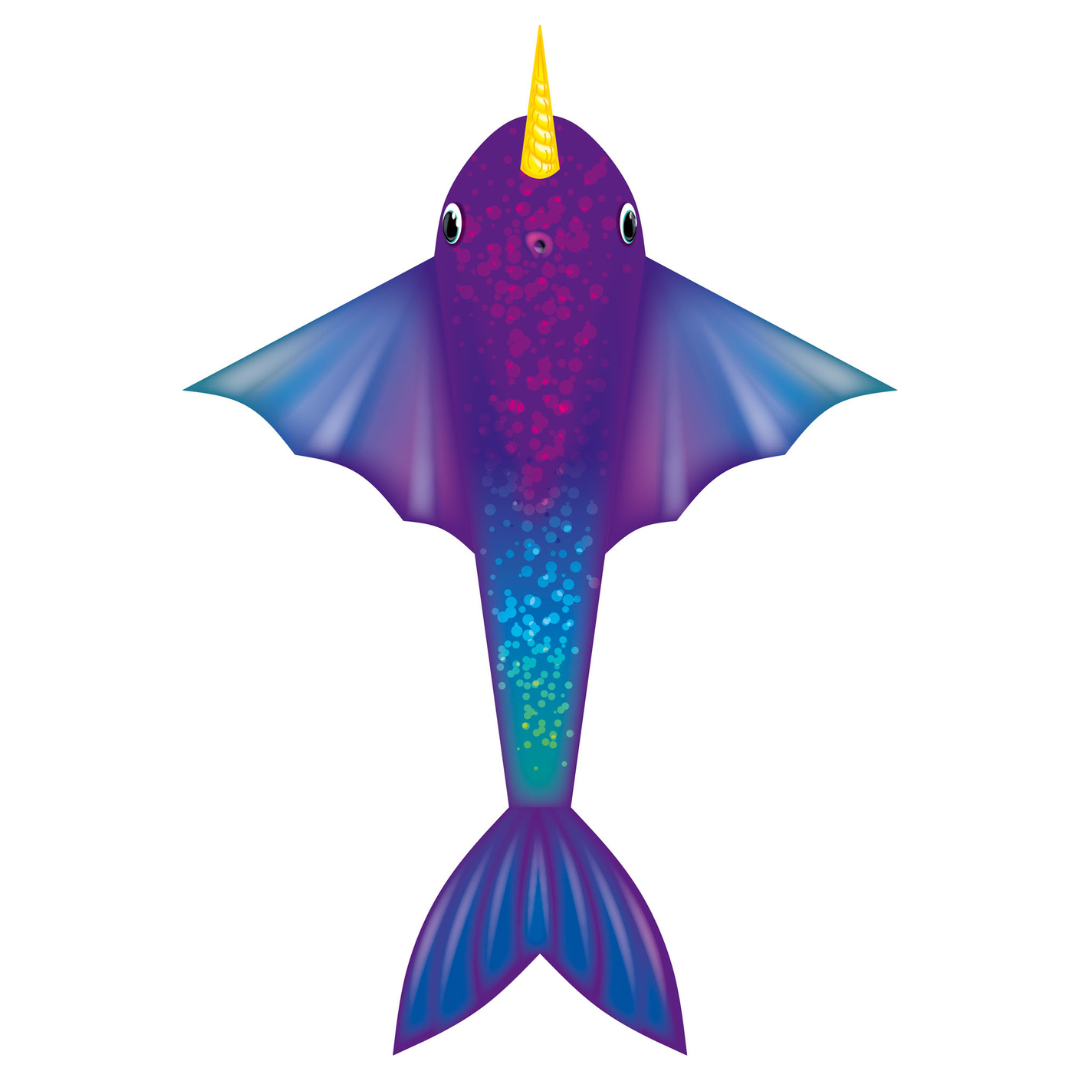 Colorful kite shaped like a narwhal on a white background
