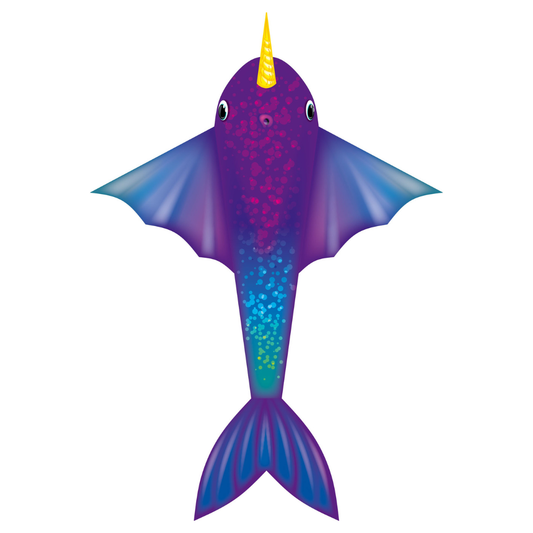 Colorful kite shaped like a narwhal on a white background