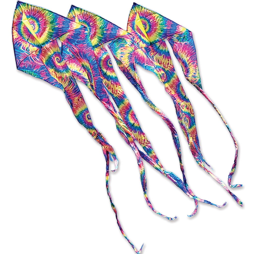 Three tie-dye kites with long tails on a white background