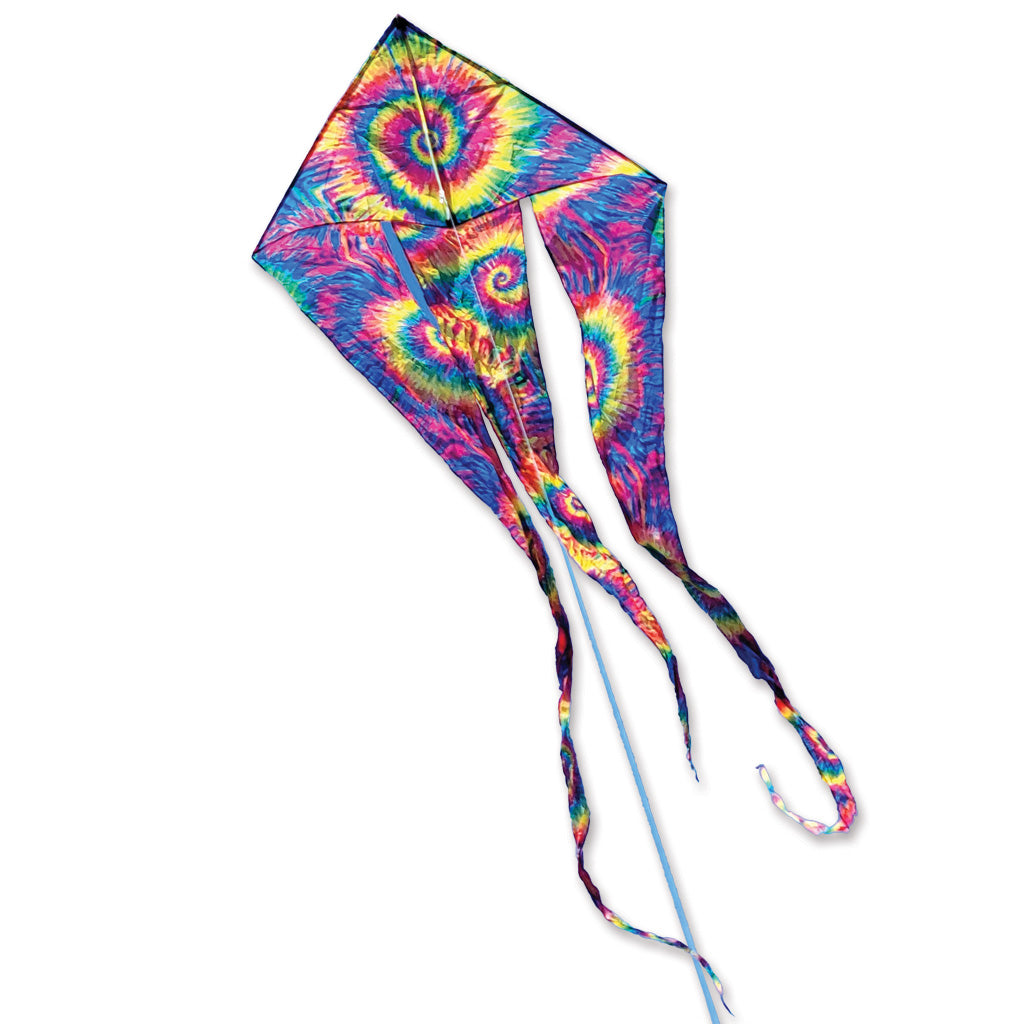 Colorful tie-dye kite with long tail on a white background