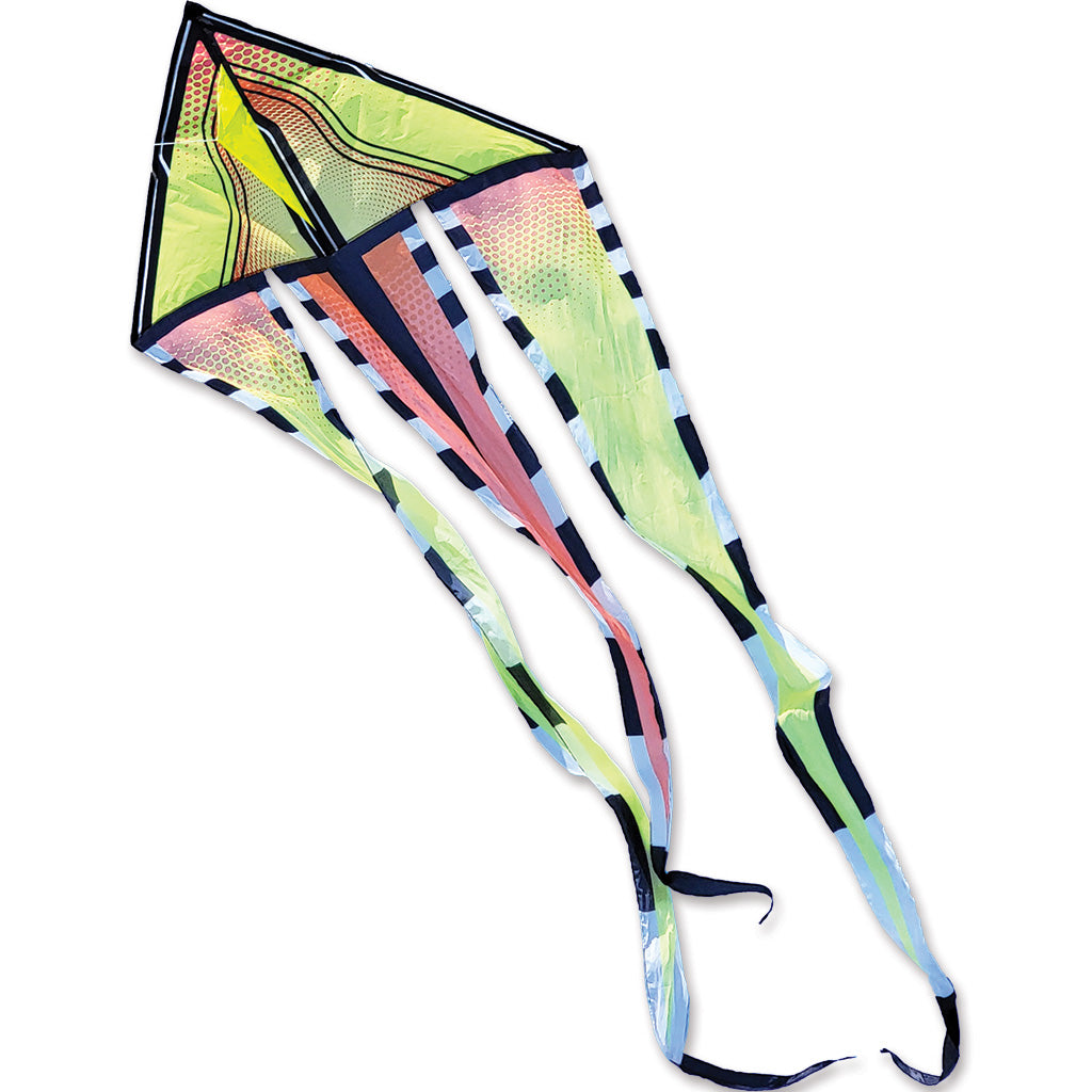 Colorful kite with a patterned tail on a white background