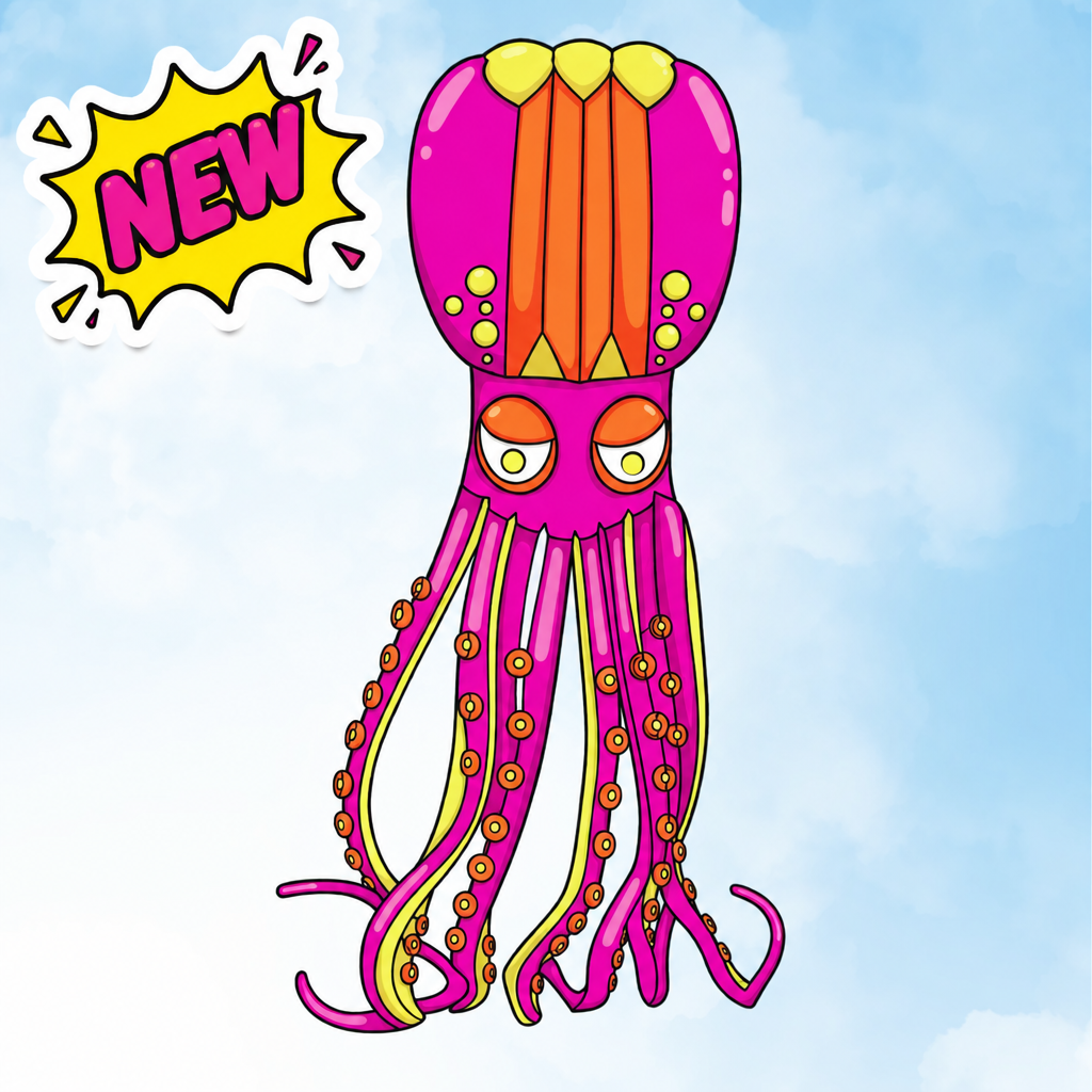 A colorful  illustration of an octopus kite centered on a light blue sky background with soft white clouds. The octopus has a bright pink body, orange tentacles, yellow accents, and large expressive eyes.