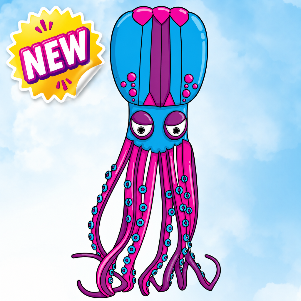 A illustration of an octopus kite with a bright blue head and pink-purple tentacles, centered on a light blue cloudy background.