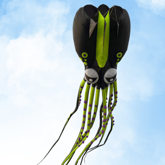 Black and green squid-shaped kite against a blue sky