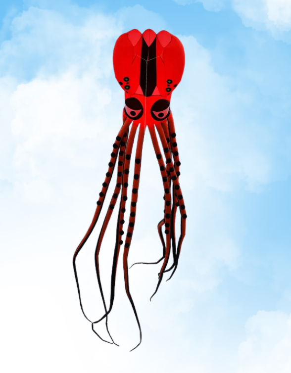 Orange and black squid-shaped kite against a blue sky with white clouds