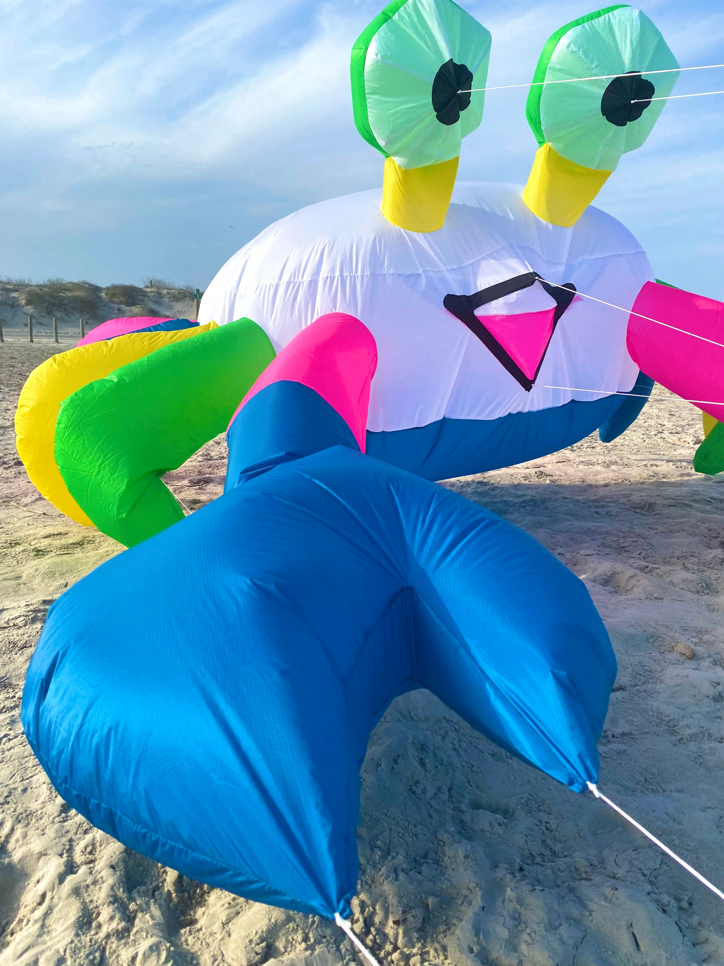 Colorful kite shaped like a crab character on a sandy beach