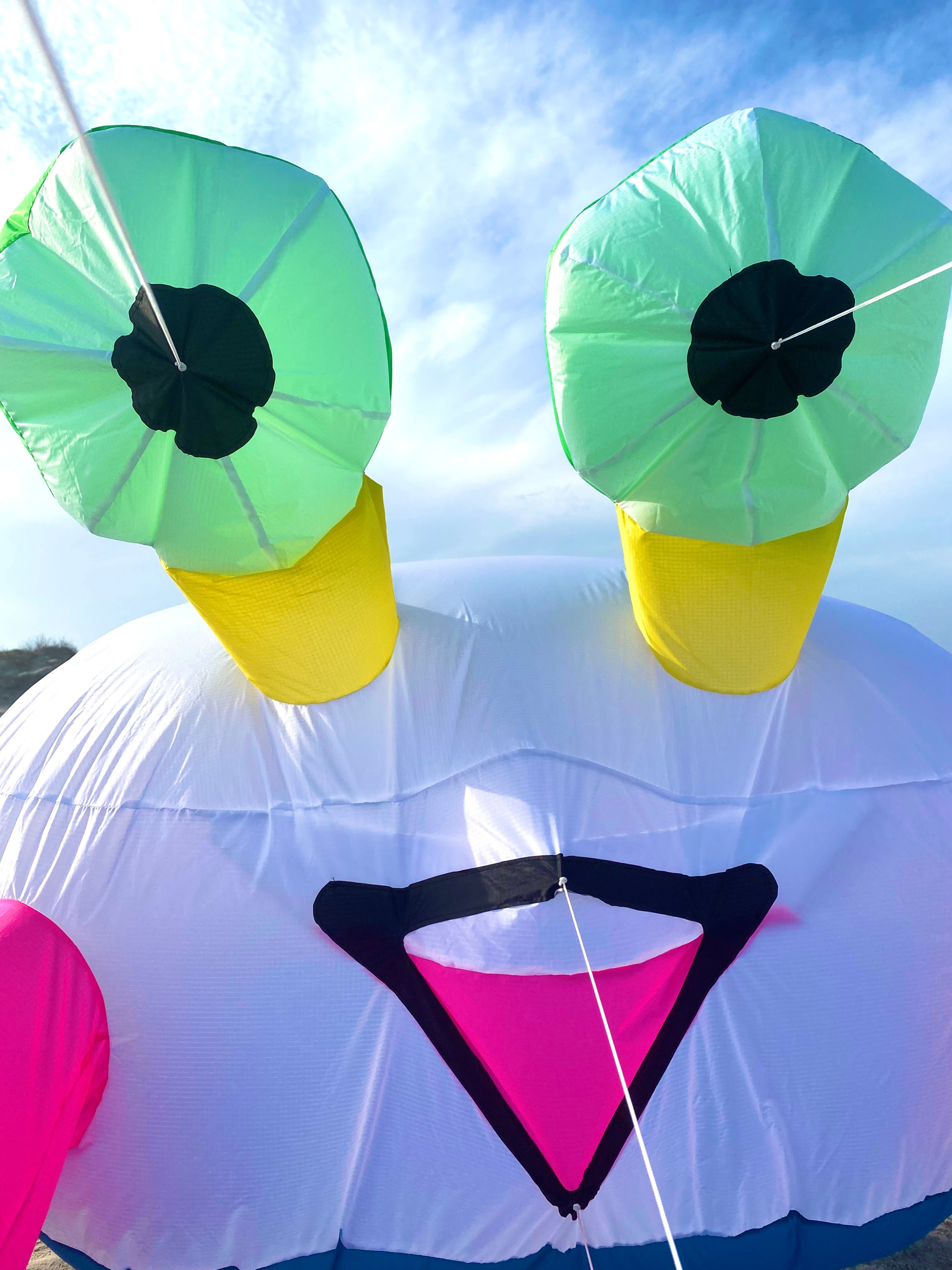 Colorful crab kite with green and yellow eyes and a white body against a blue sky.