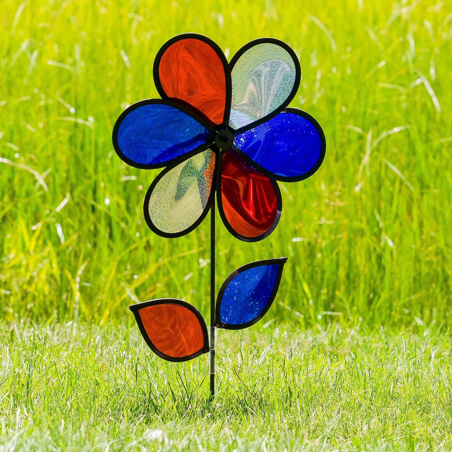 12" Sunflower Spinner w/ Leaves - Red, White, and Blue Sparkle