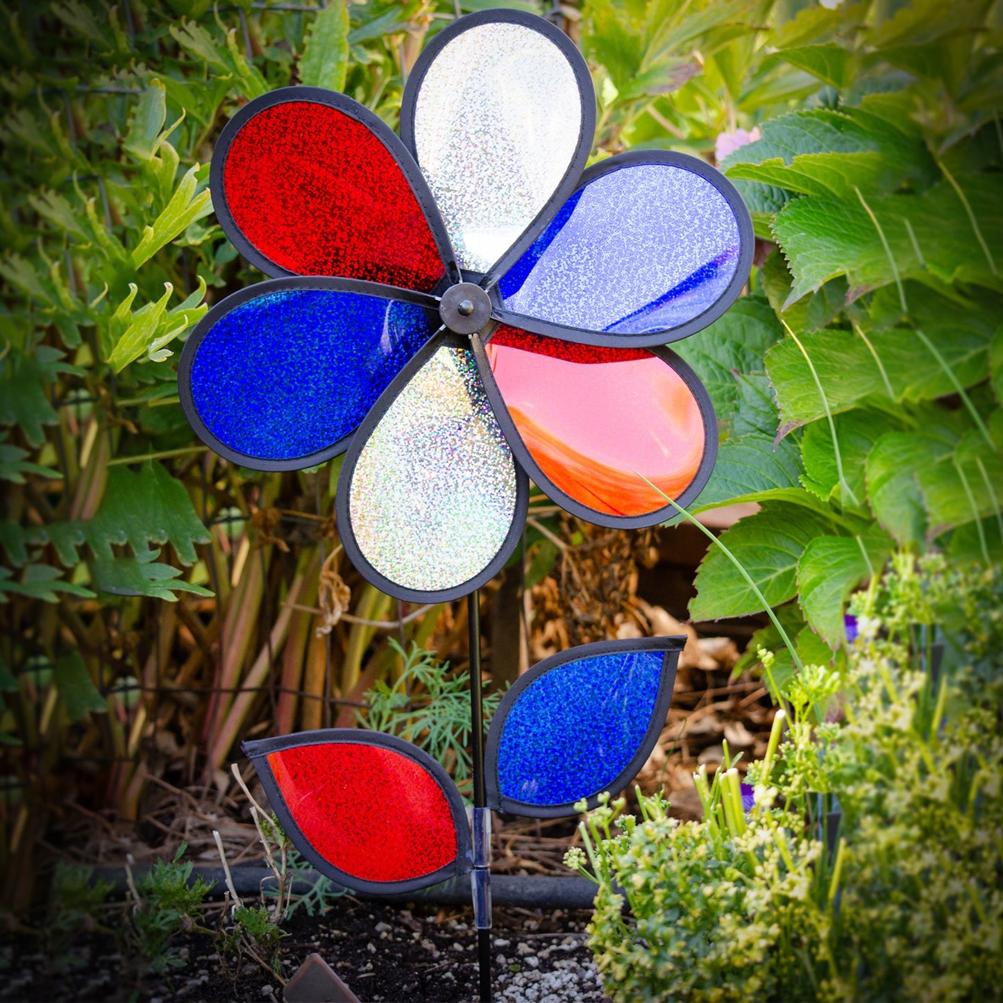 12" Sunflower Spinner w/ Leaves - Red, White, and Blue Sparkle