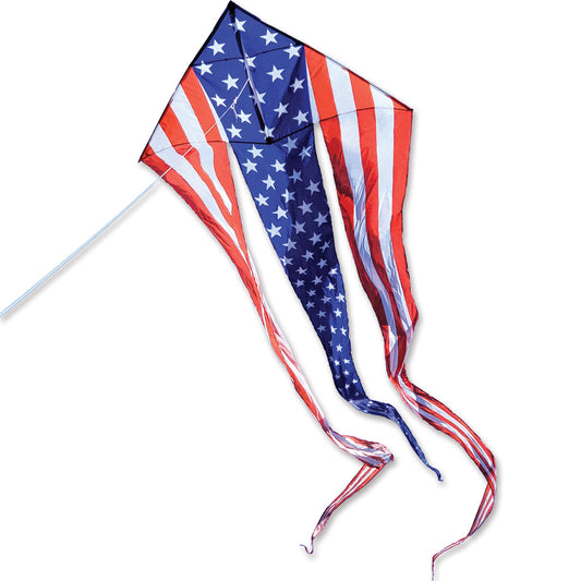 Kite designed like the American flag on a white background