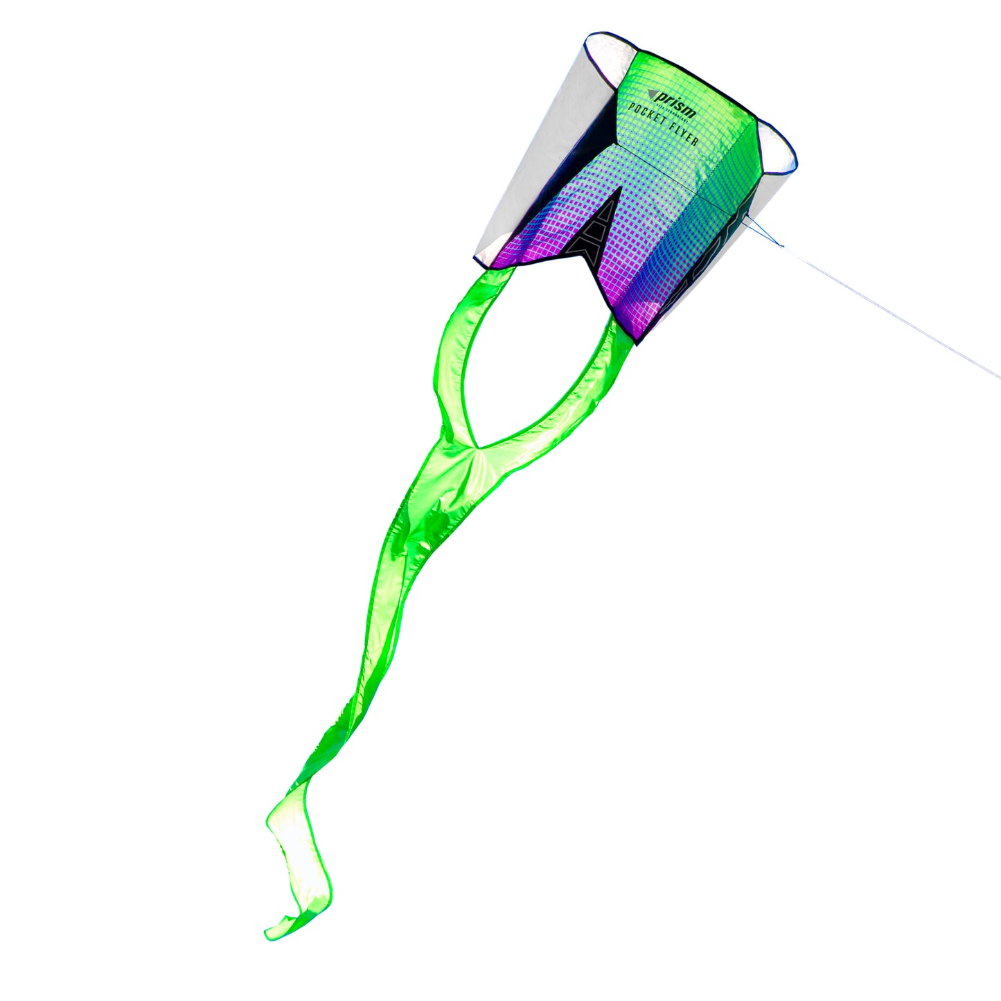 Colorful kite with a green tail on a white background