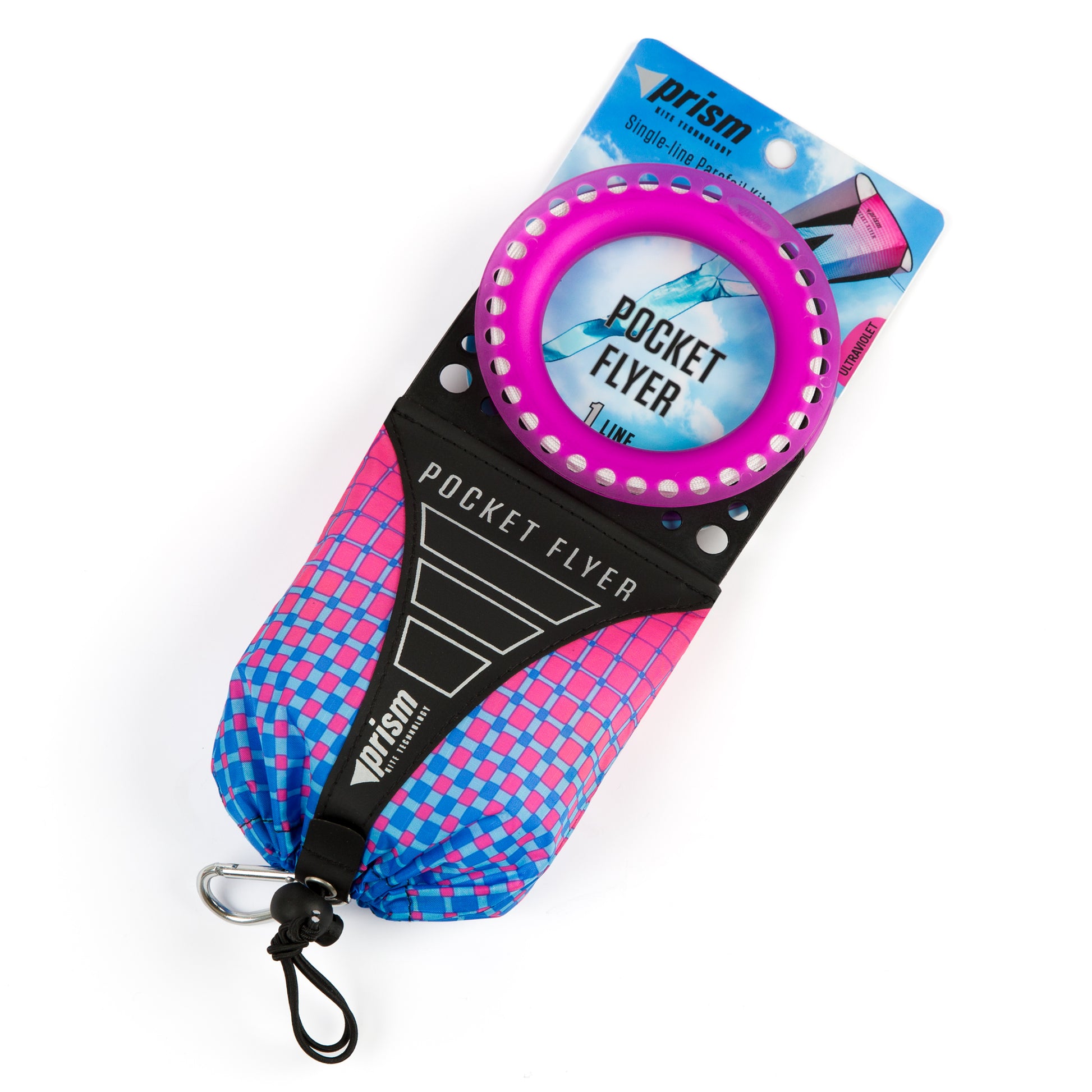 Pink and blue 'Pocket Flyer' with packaging on a white background