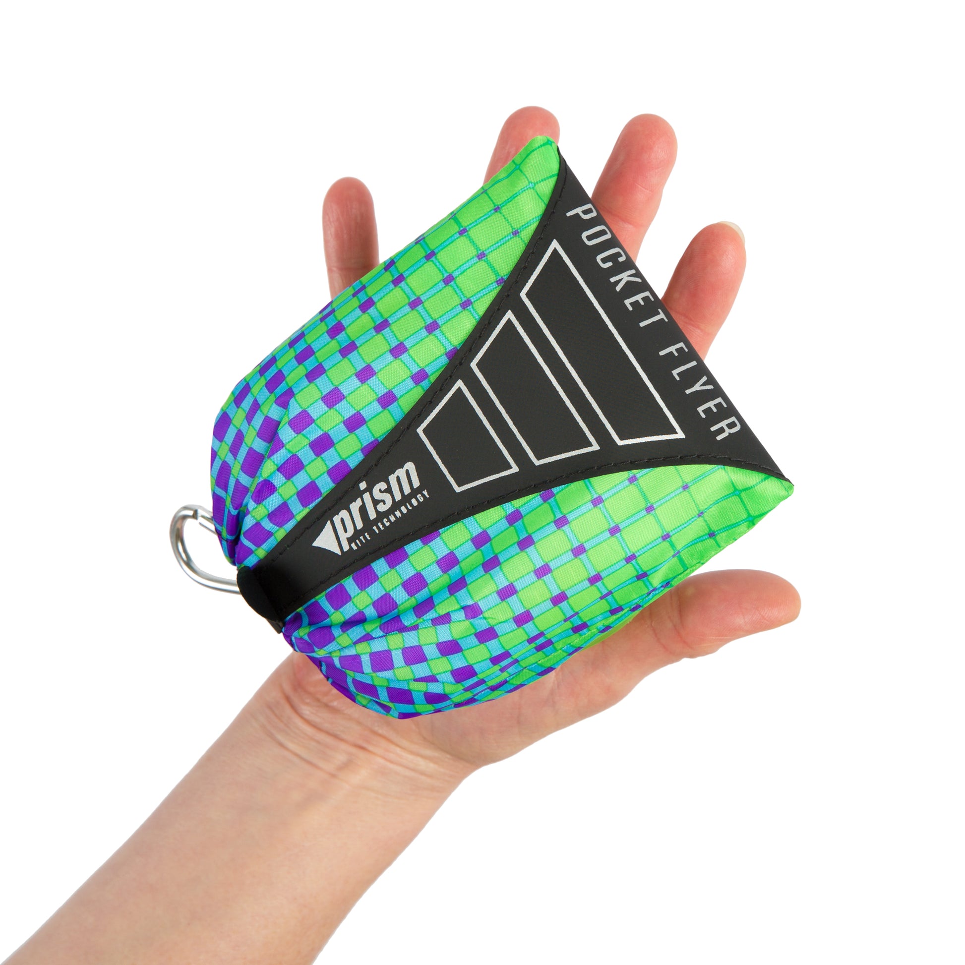 Green and purple checkered pocket flyer held in a hand against a white background