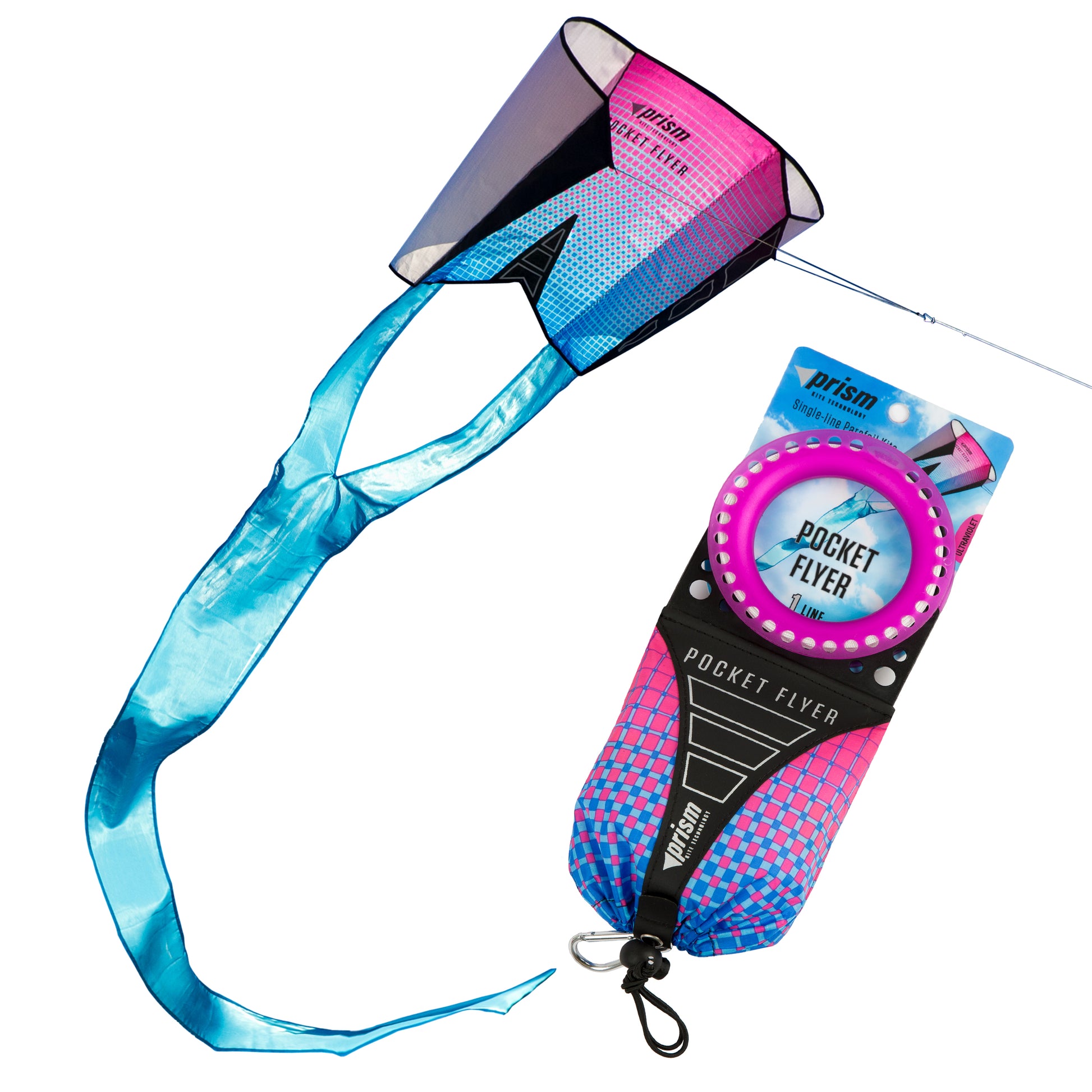 Colorful pocket flyer kite with blue tail on a white background