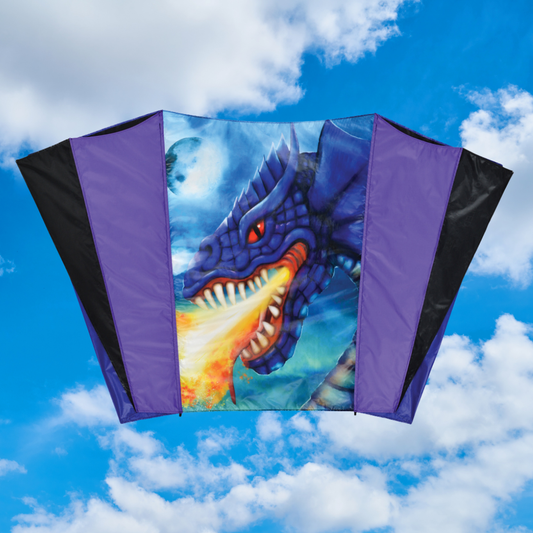 Dragon-themed kite with purple and black accents against a blue sky with clouds
