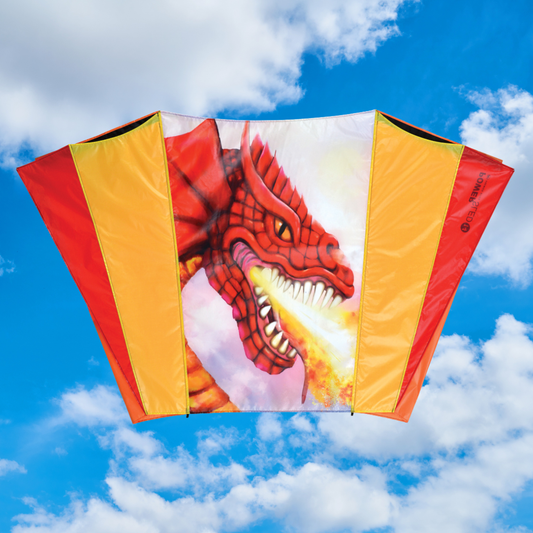 Dragon-themed kite against a blue sky with clouds