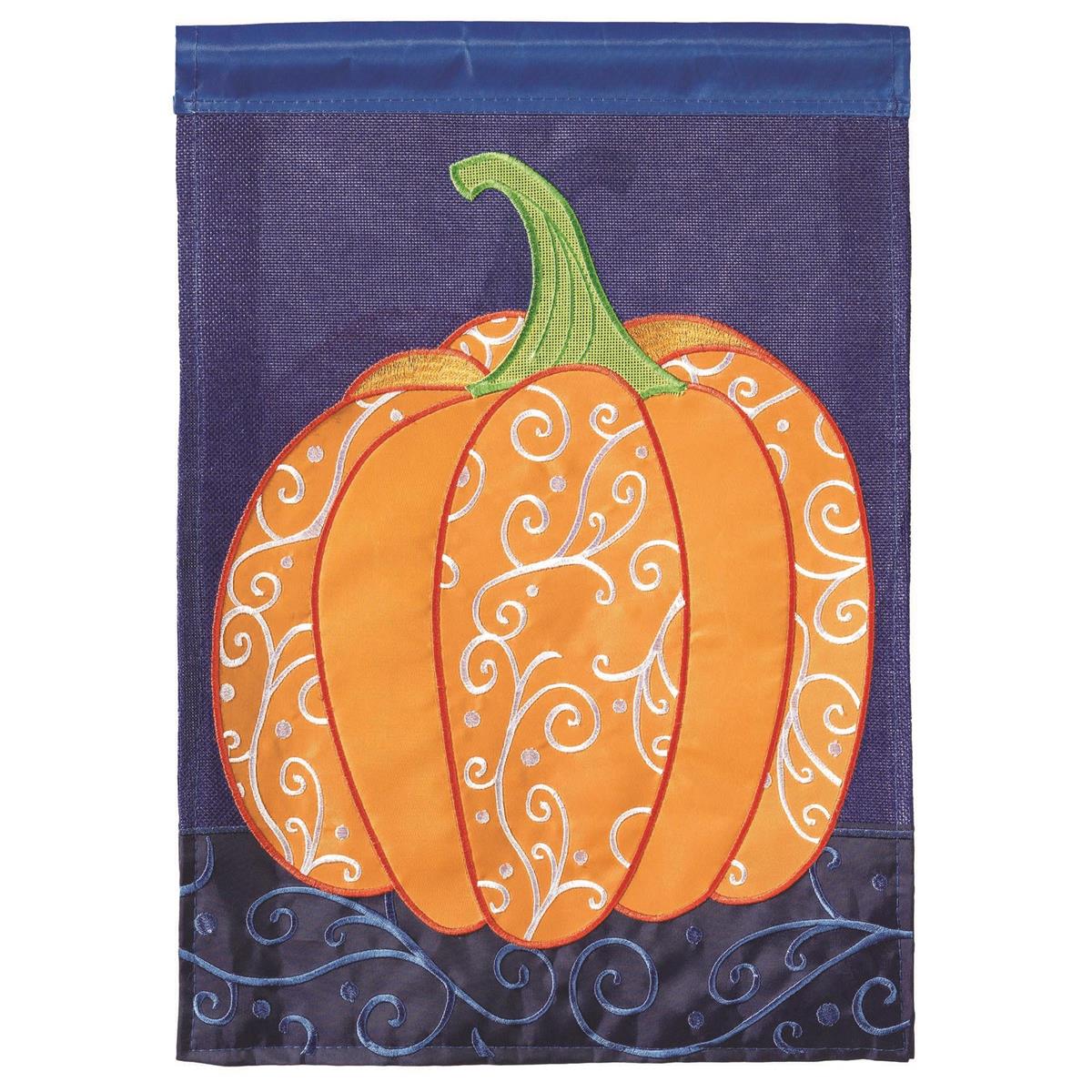 A decorative garden flag featuring a large orange pumpkin with white swirl patterns and a green stem, set against a dark navy blue background with matching swirl details along the bottom.