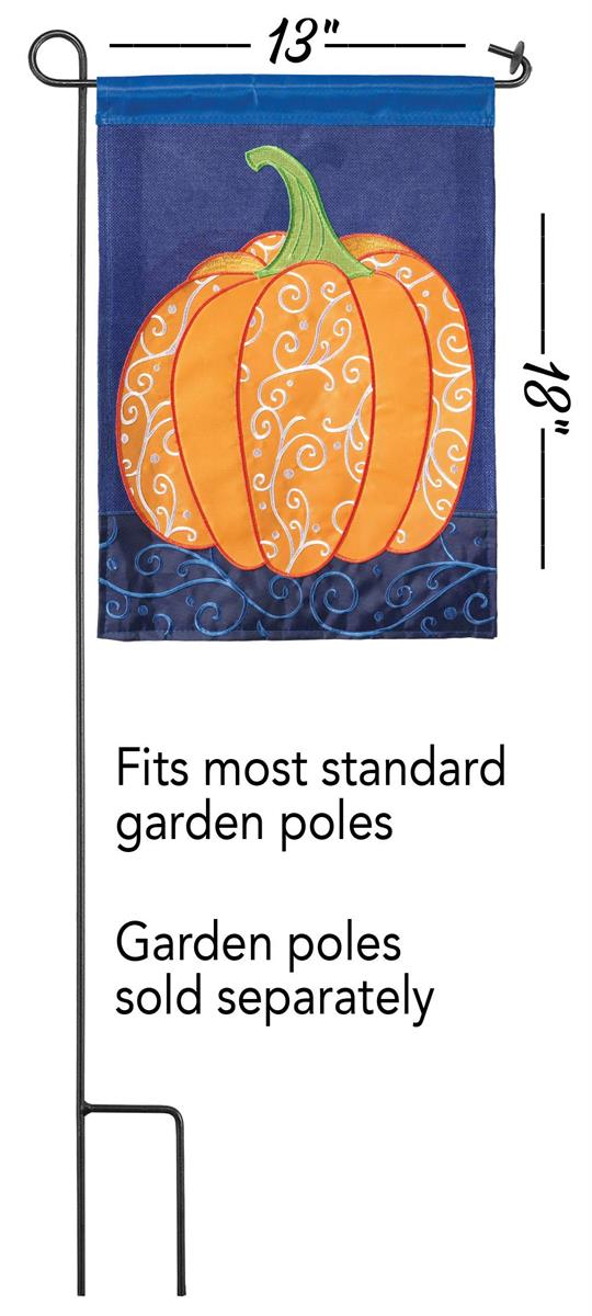 A decorative garden flag with a large orange pumpkin illustration on a blue background, shown with a black metal pole and text indicating dimensions and compatibility.