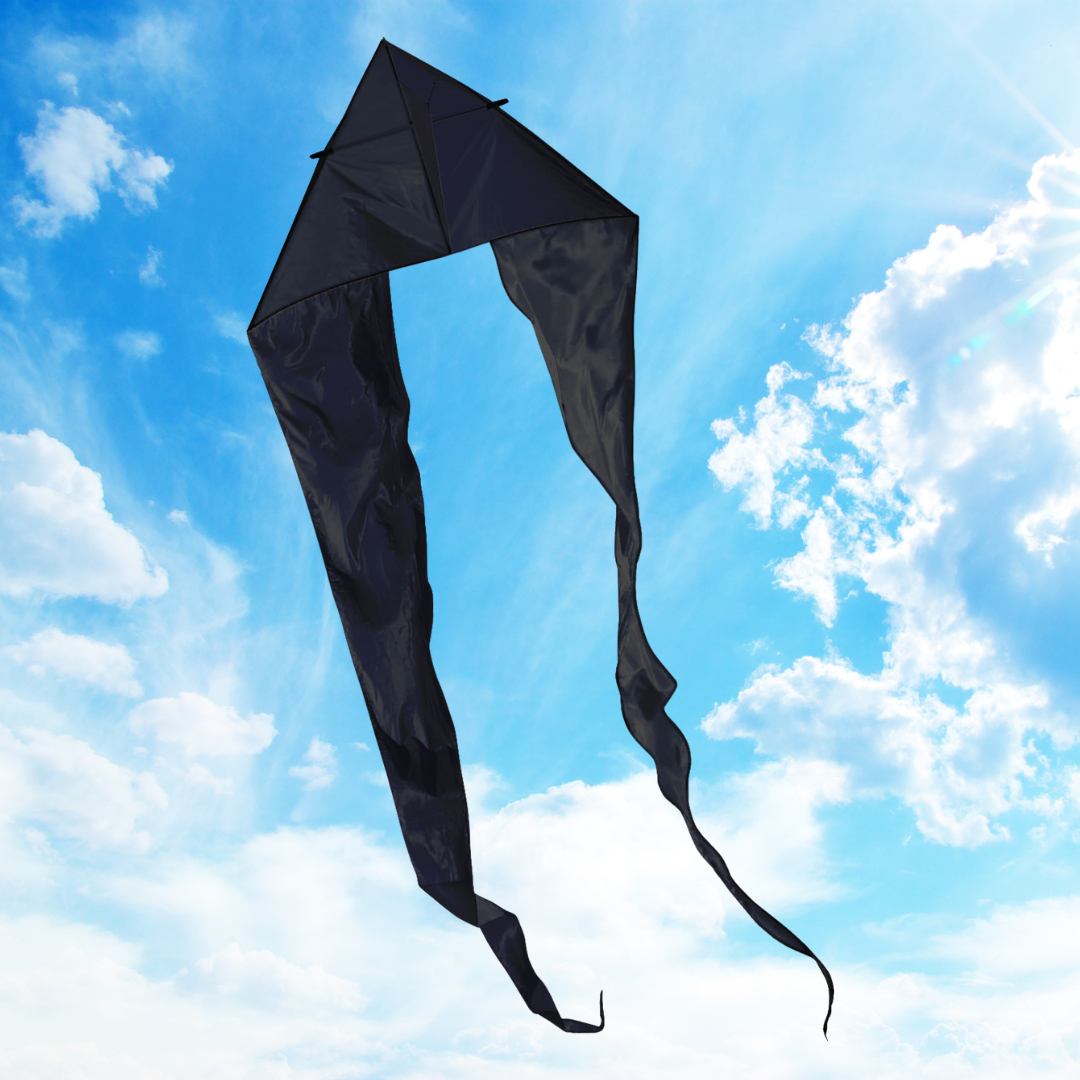 Black kite with long tail against a blue sky with clouds