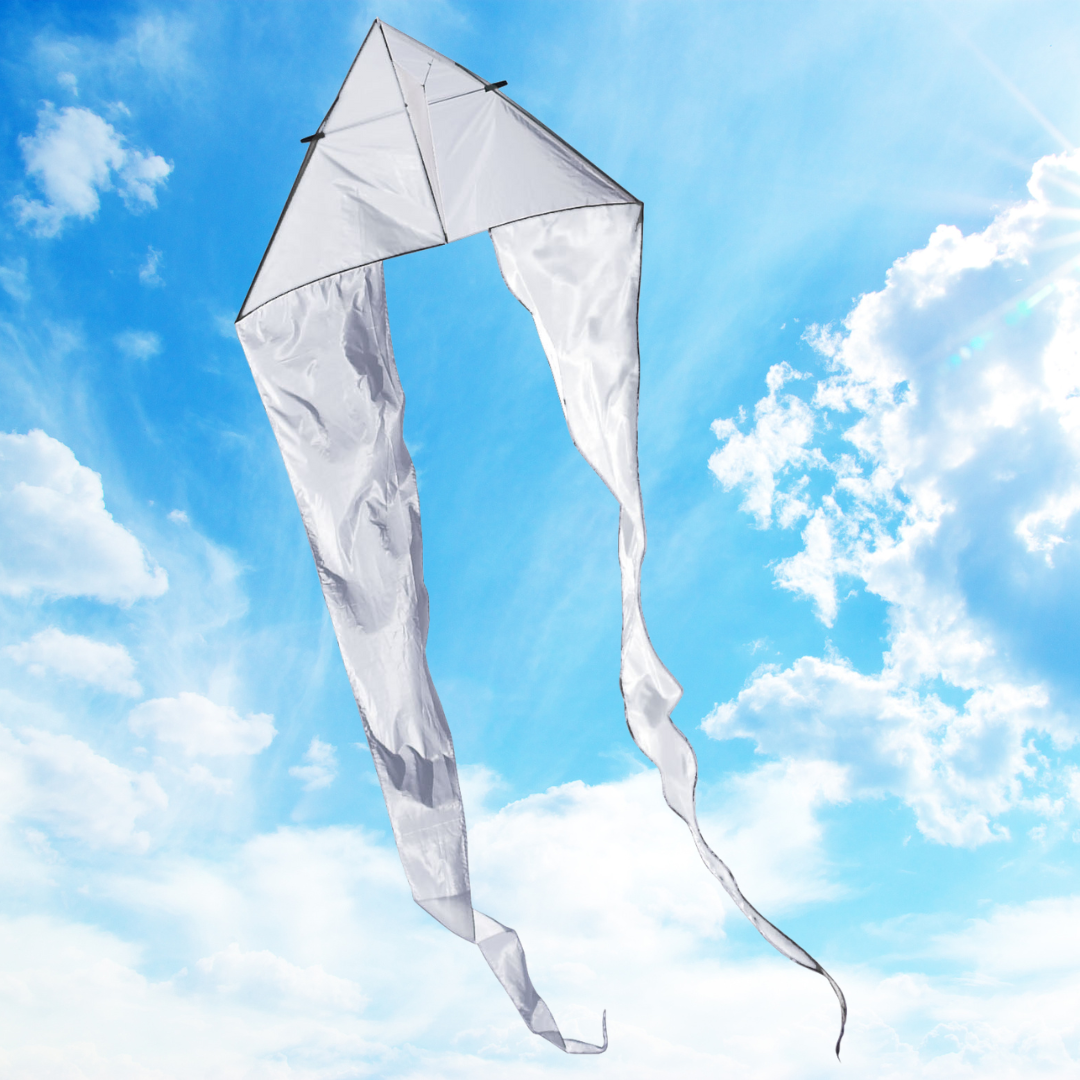 White kite with a long tail against a blue sky with clouds