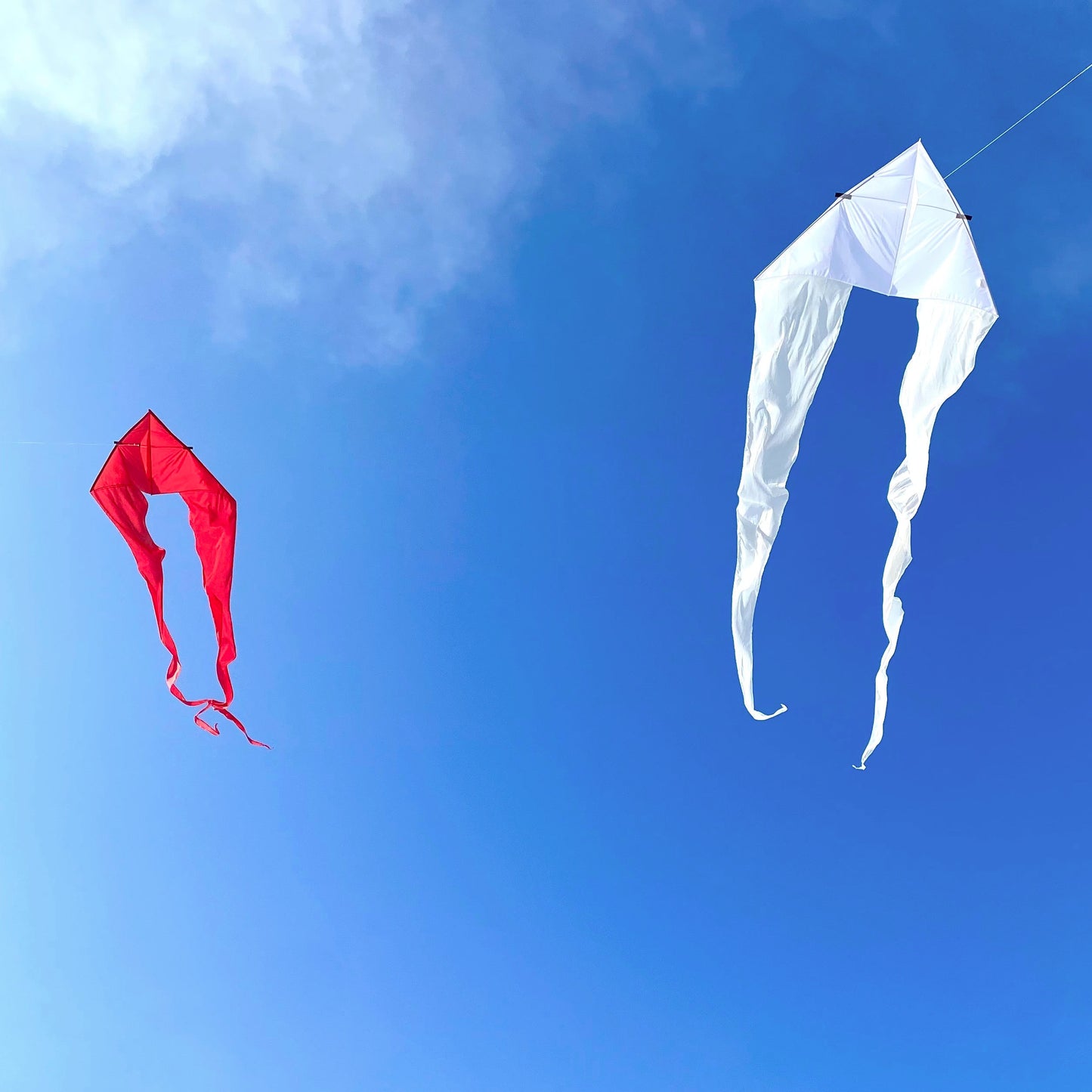 Two kites, one red and one white, flying against a blue sky with scattered clouds.