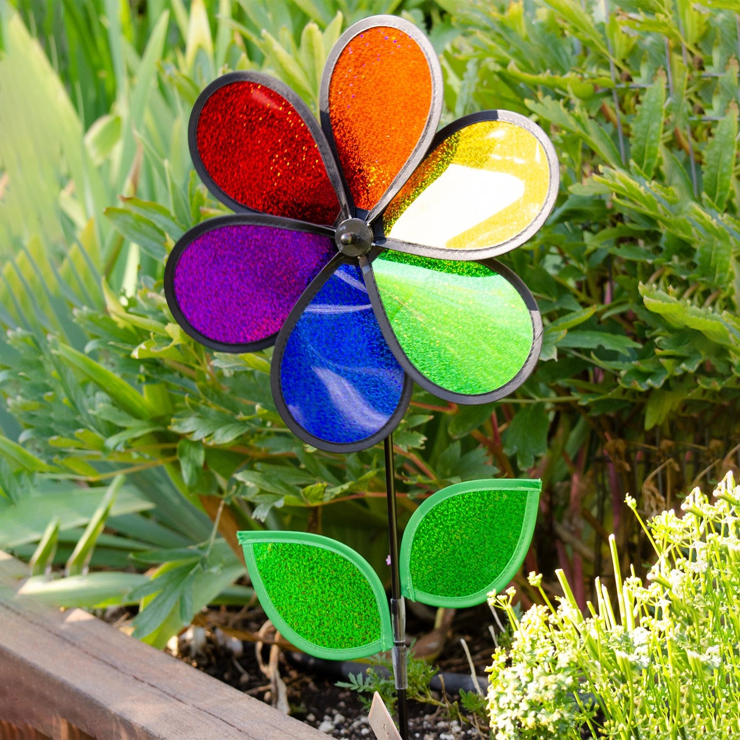 12" Flower Spinner w/ Leaves - Rainbow Sparkle