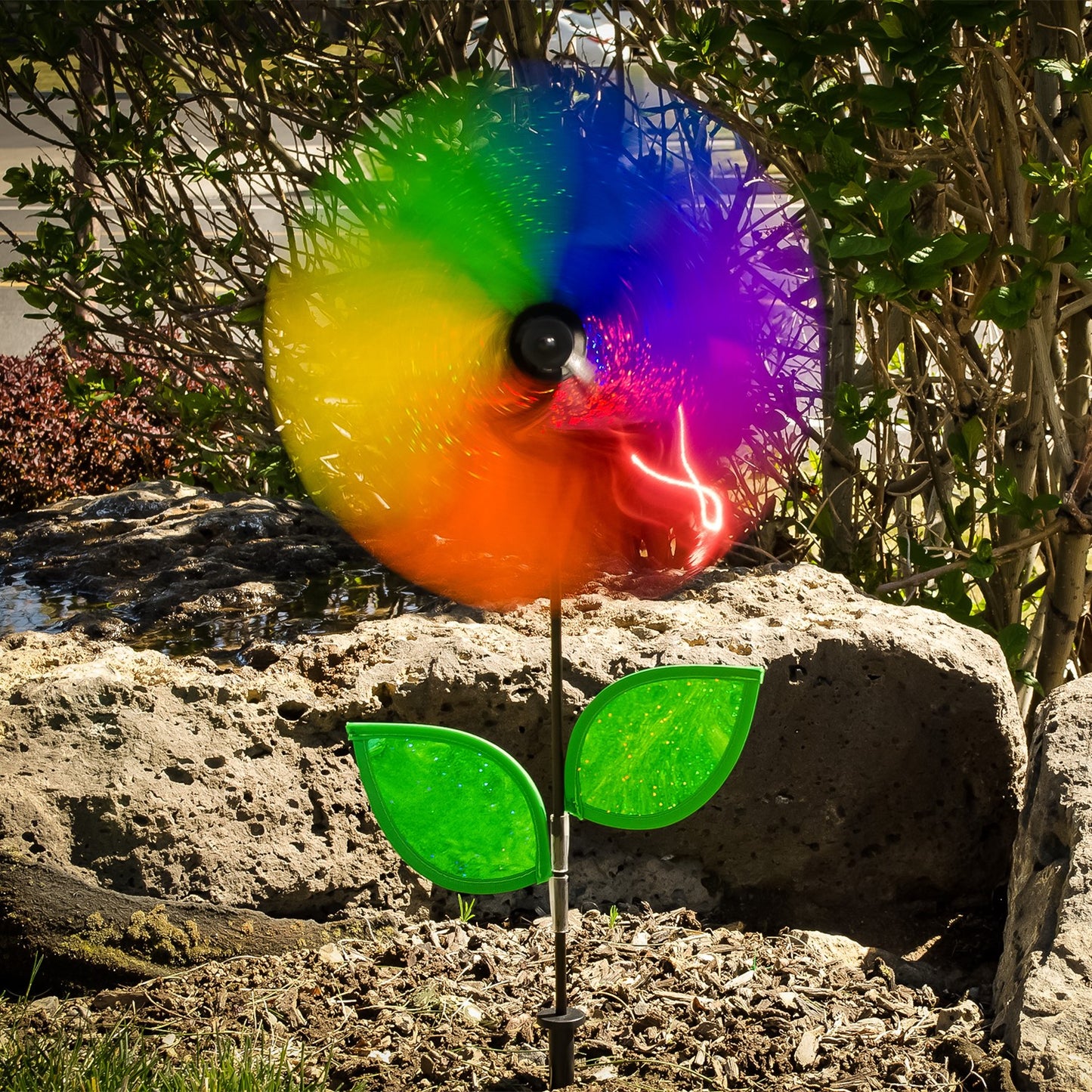 12" Flower Spinner w/ Leaves - Rainbow Sparkle