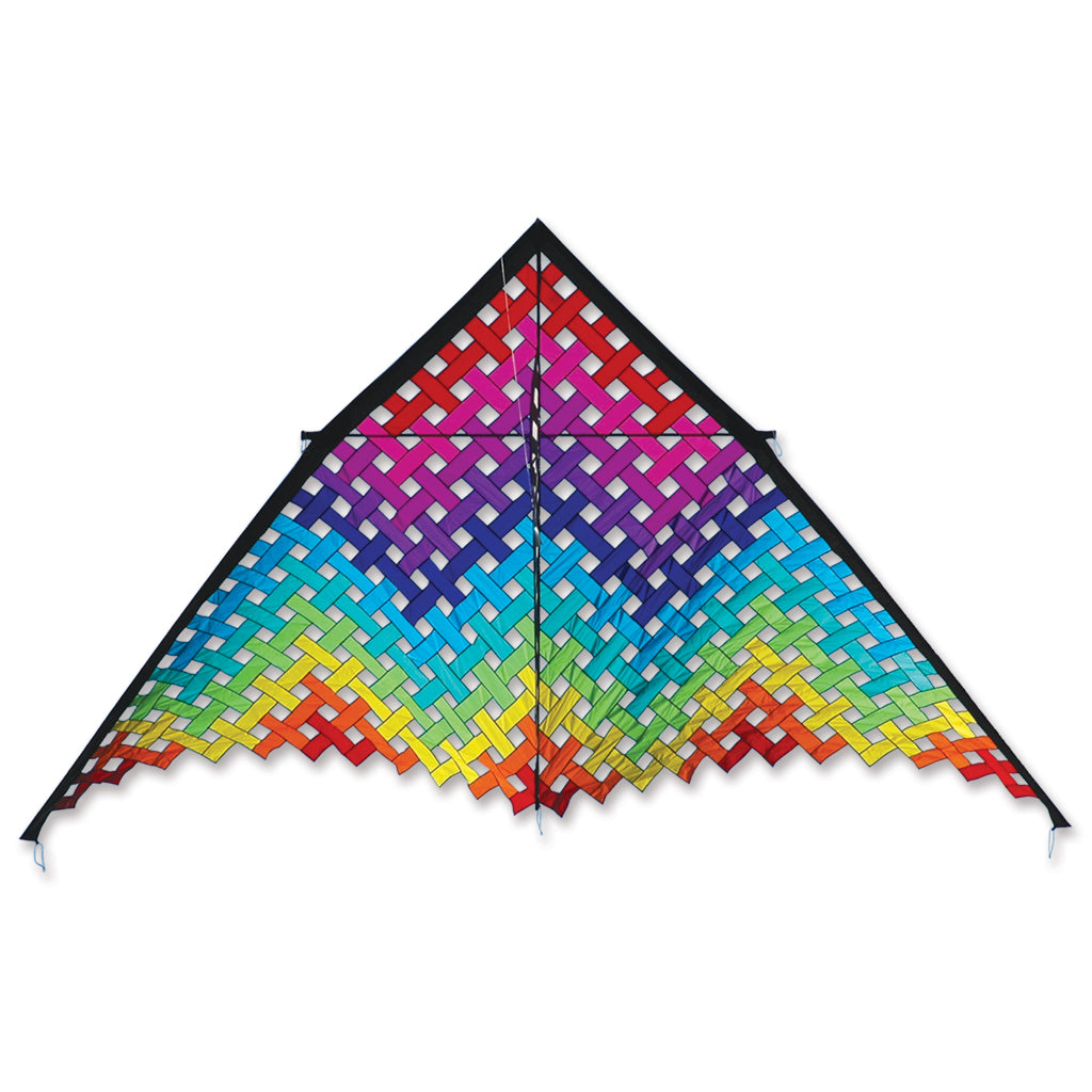 Colorful delta-shaped kite with a woven pattern on a white background