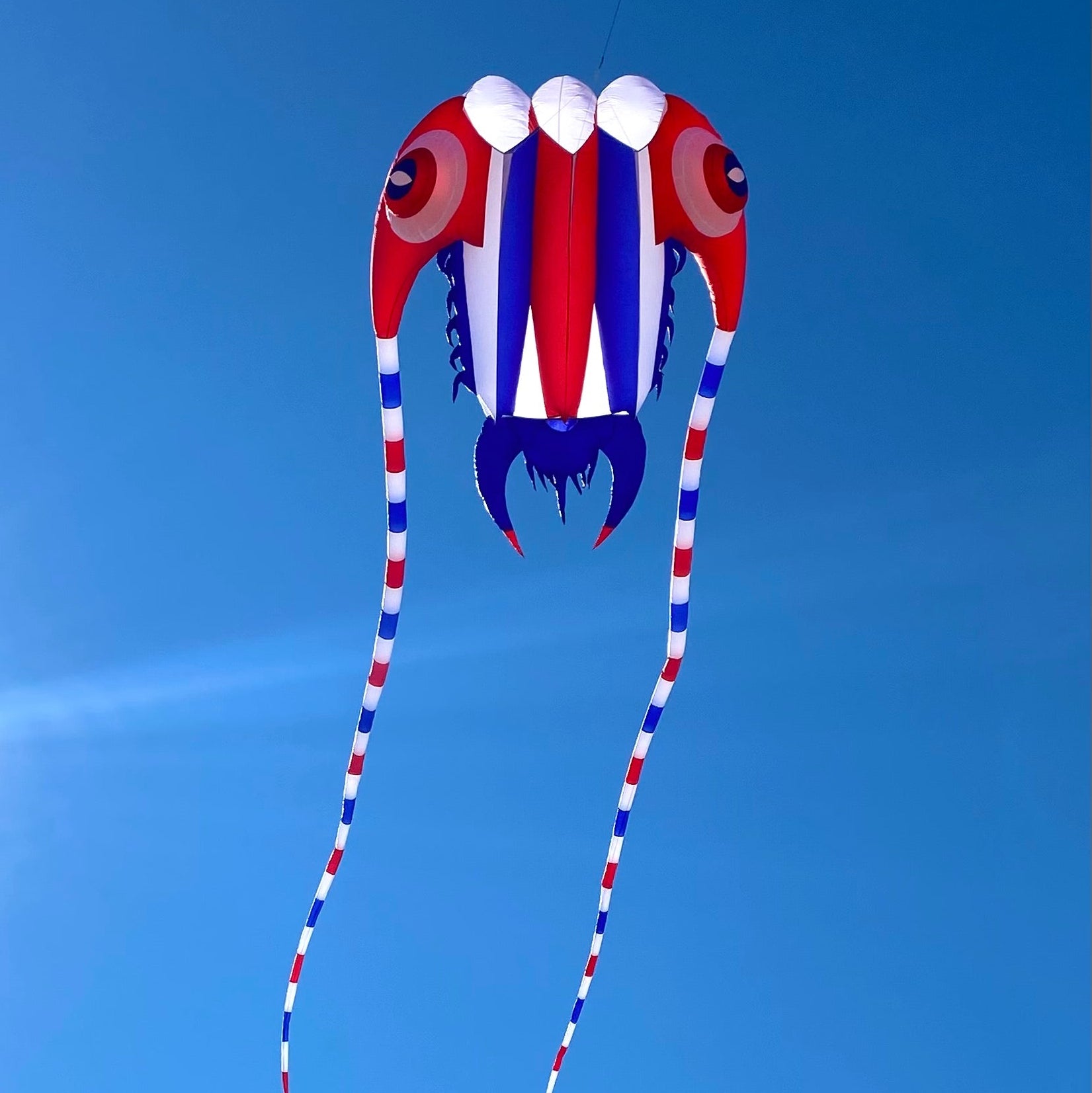Red, white, and blue kite shaped like a trilobite against a clear blue sky