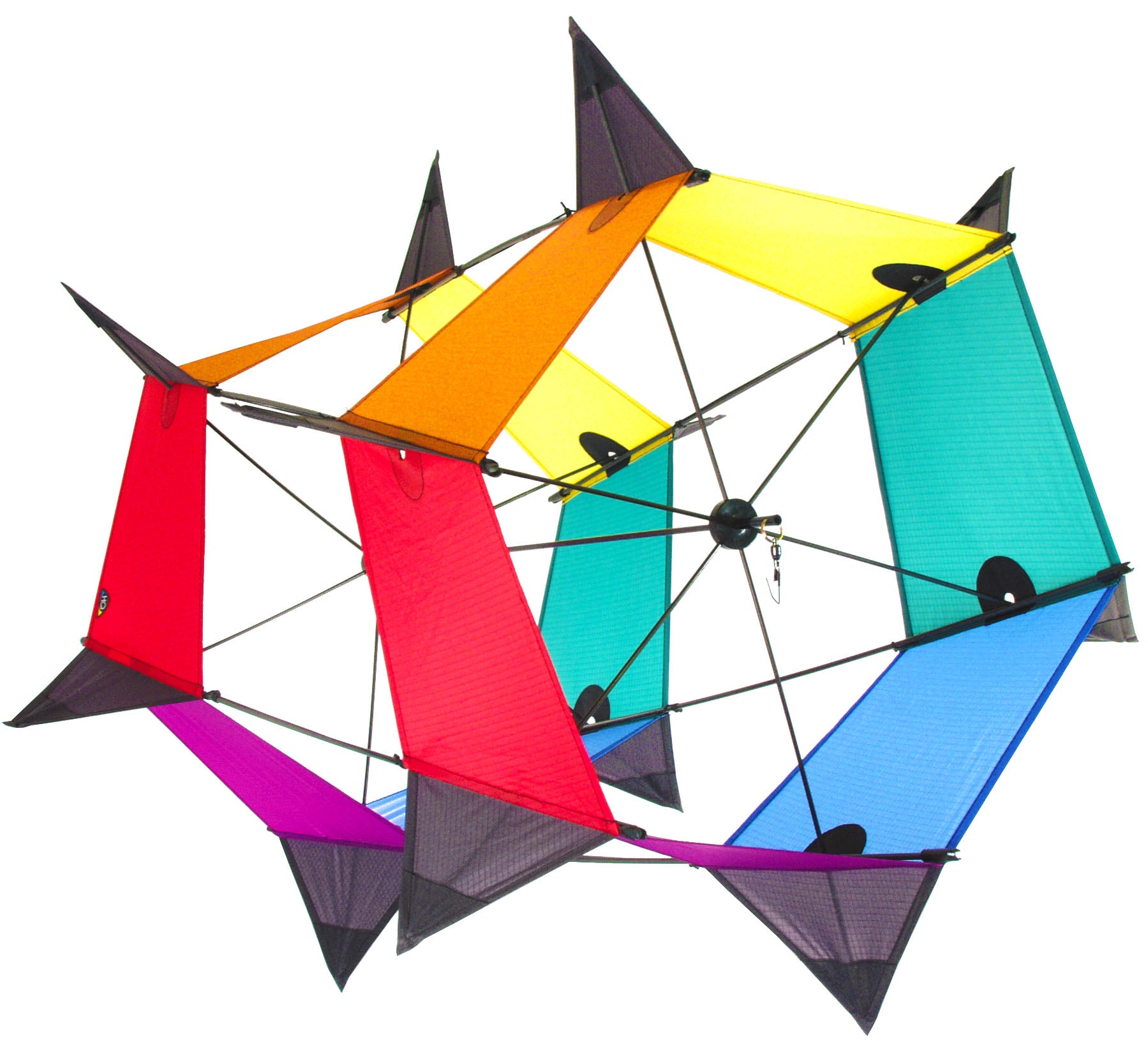 Multicolored geometric kite with black accents on a white background