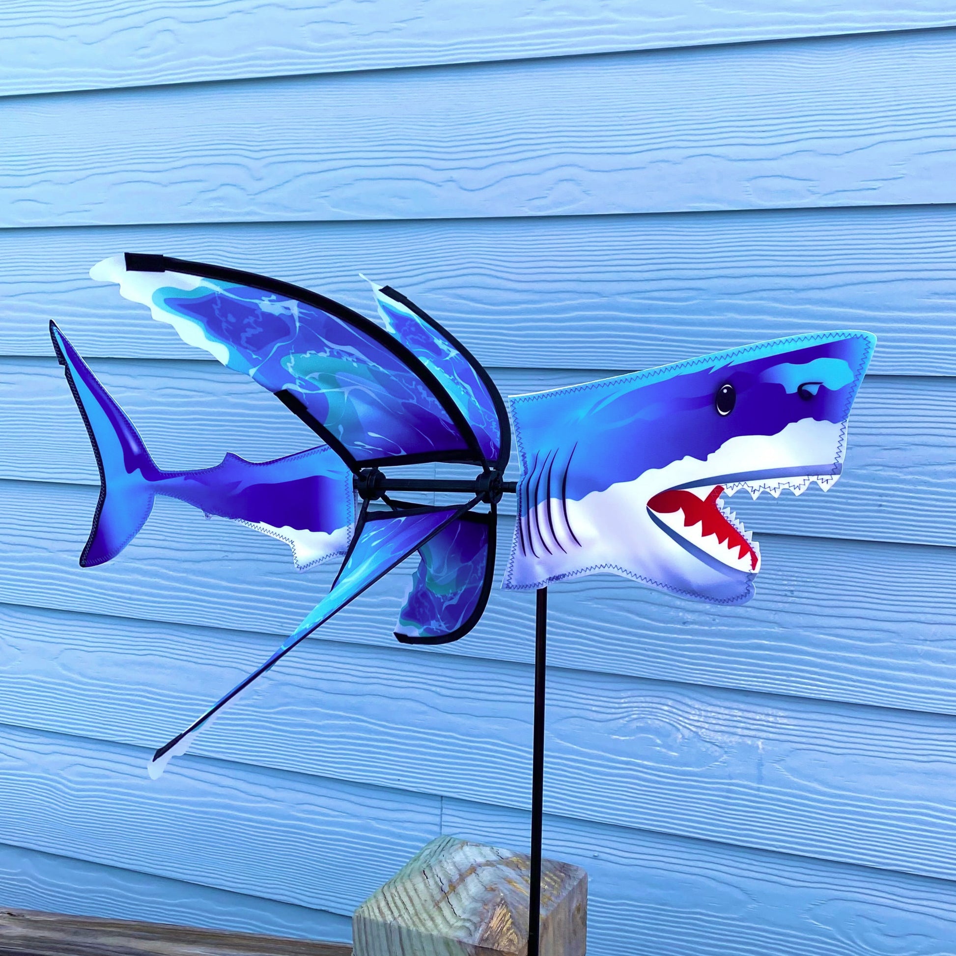 Blue shark decorative figure on a stand against a blue wall