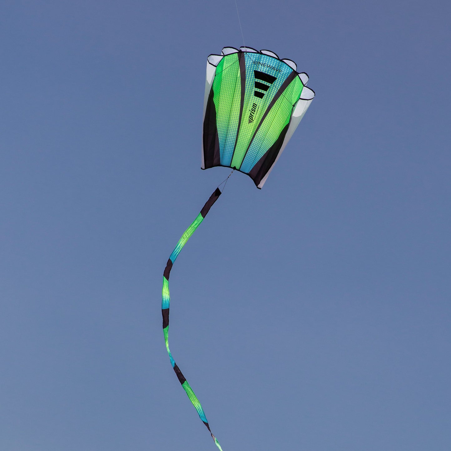 Colorful kite with a green and blue design against a clear blue sky
