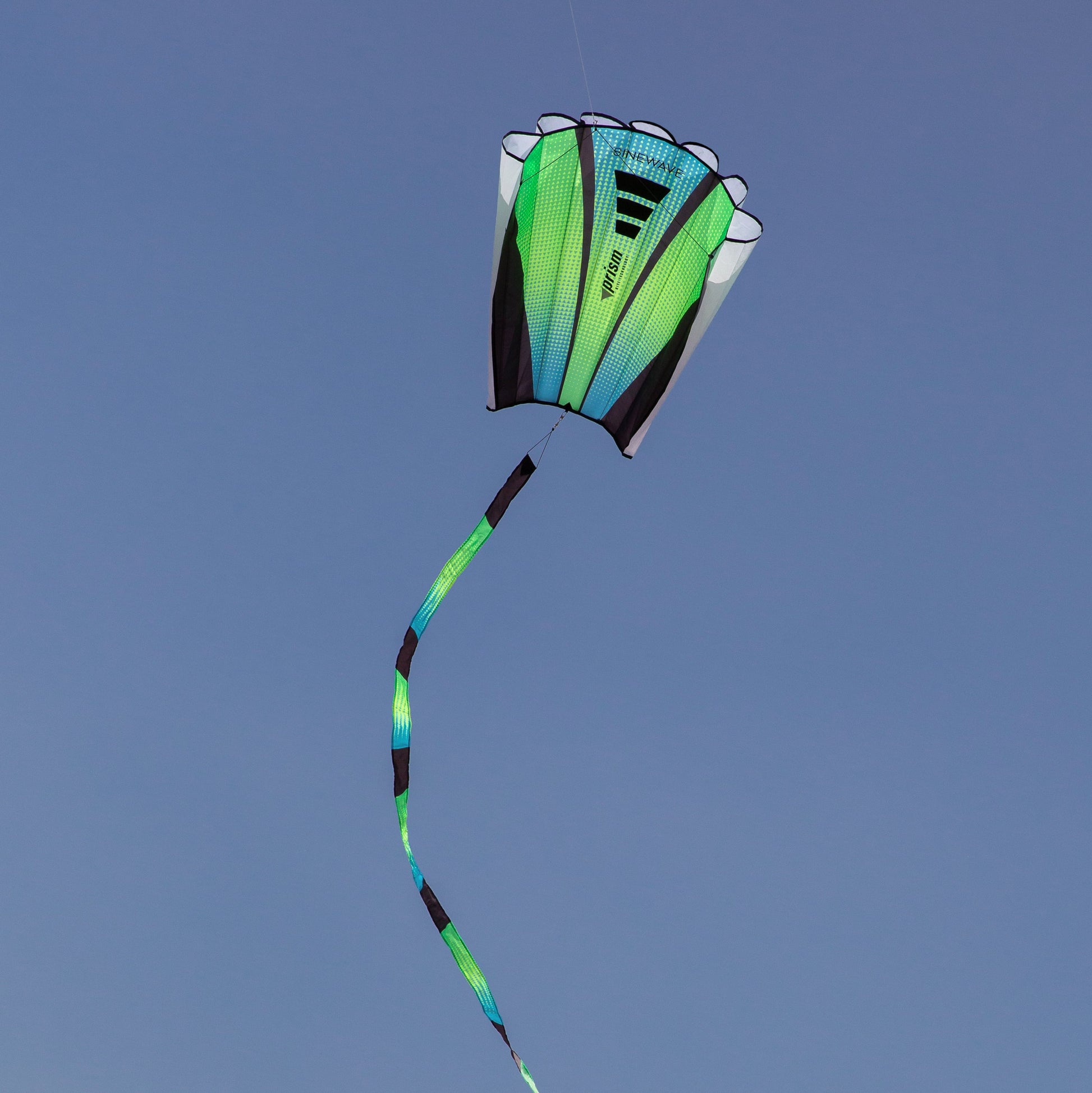 Colorful kite with a green and blue design against a clear blue sky