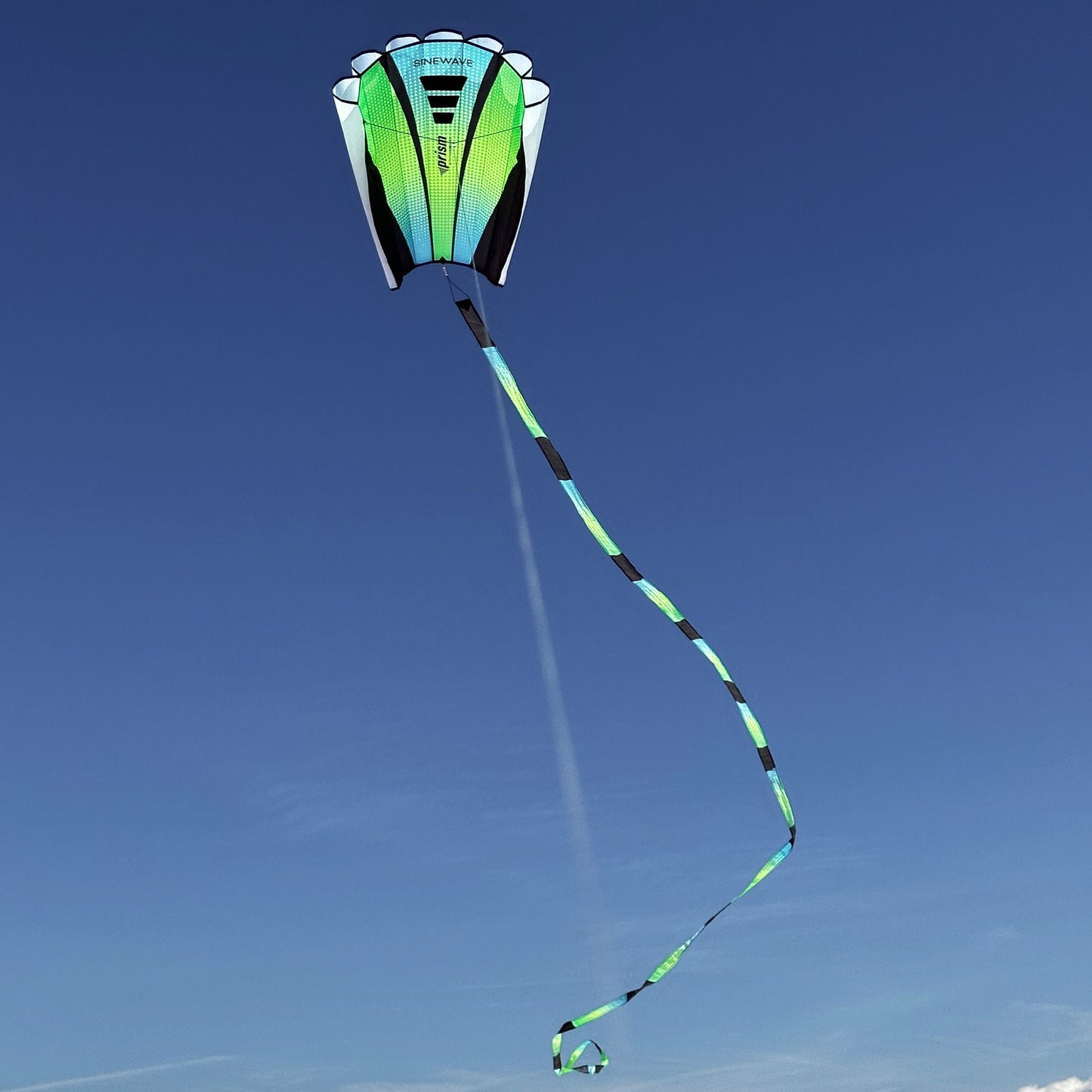 Colorful kite flying against a clear blue sky with buildings in the background