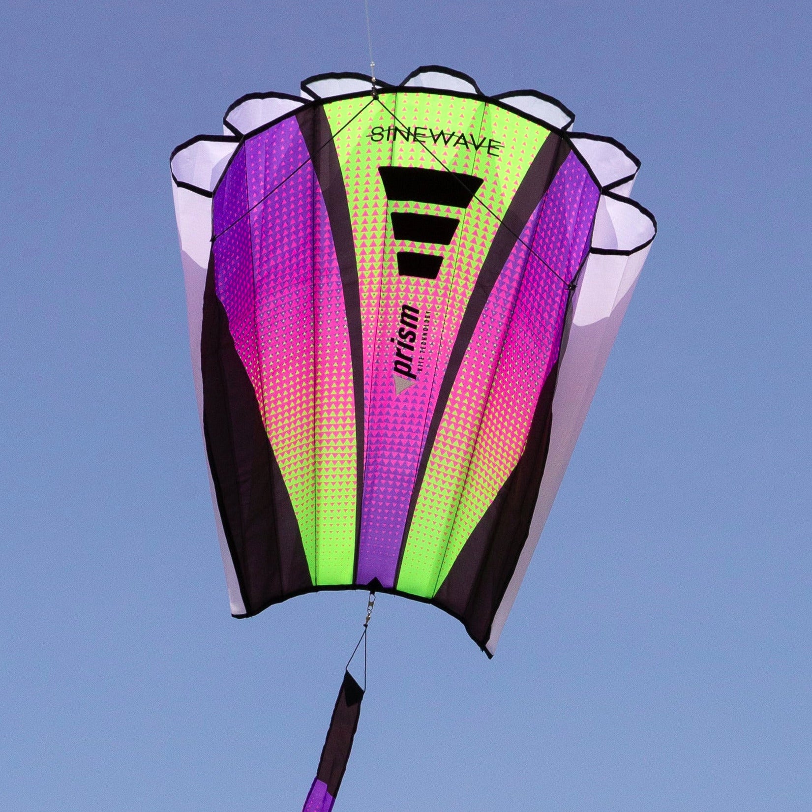 Colorful kite flying against a clear blue sky with trees below.