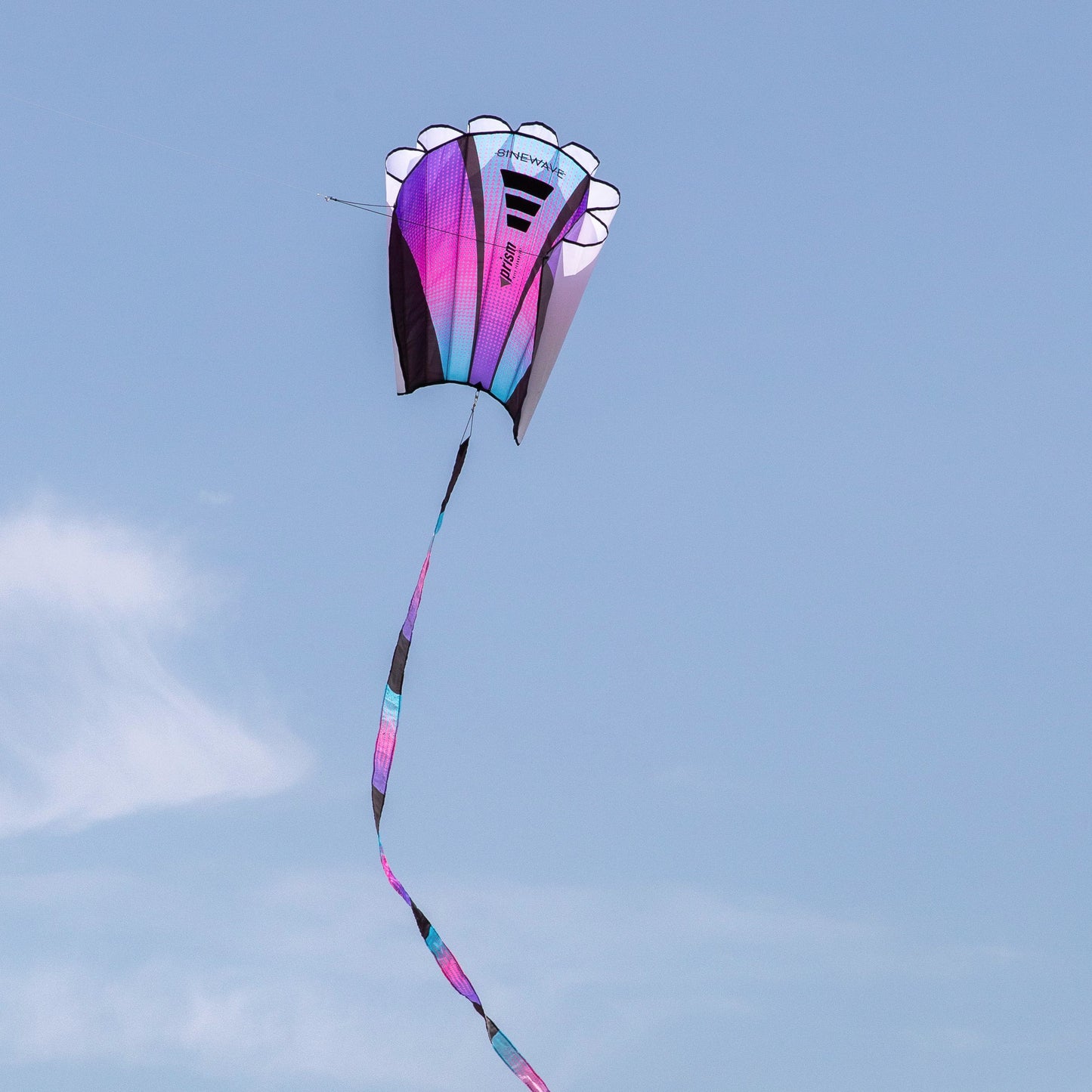 Colorful kite flying against a clear blue sky with trees below.