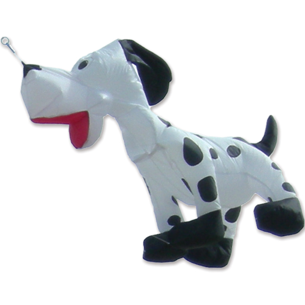 An inflatable Dalmatian dog kite featuring a white body with black spots, black ears and paws, and a red tongue, shown against a plain white background.