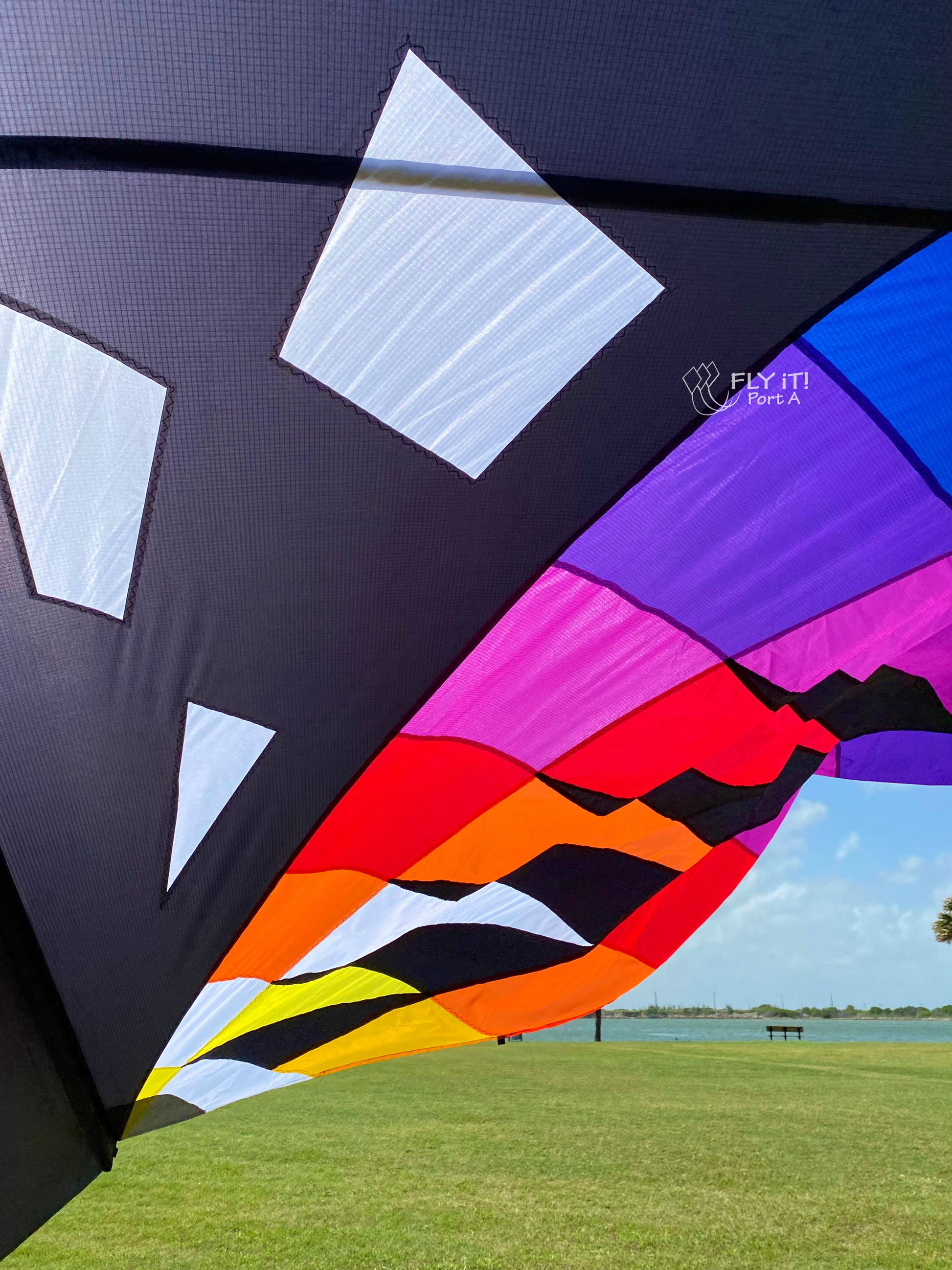 Close up of a colorful kite with water and grass in the background. 