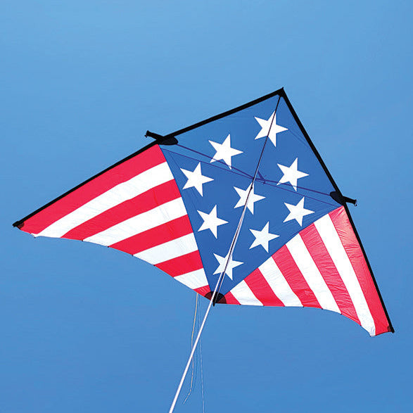 Large red white and blue delta kite against a clear blue sky. 