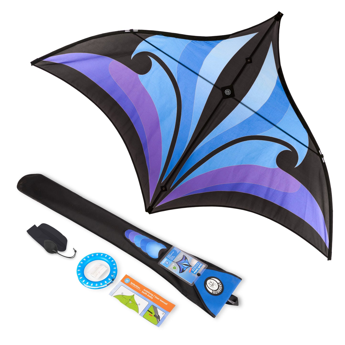 Blue and purple kite with accessories on a white background