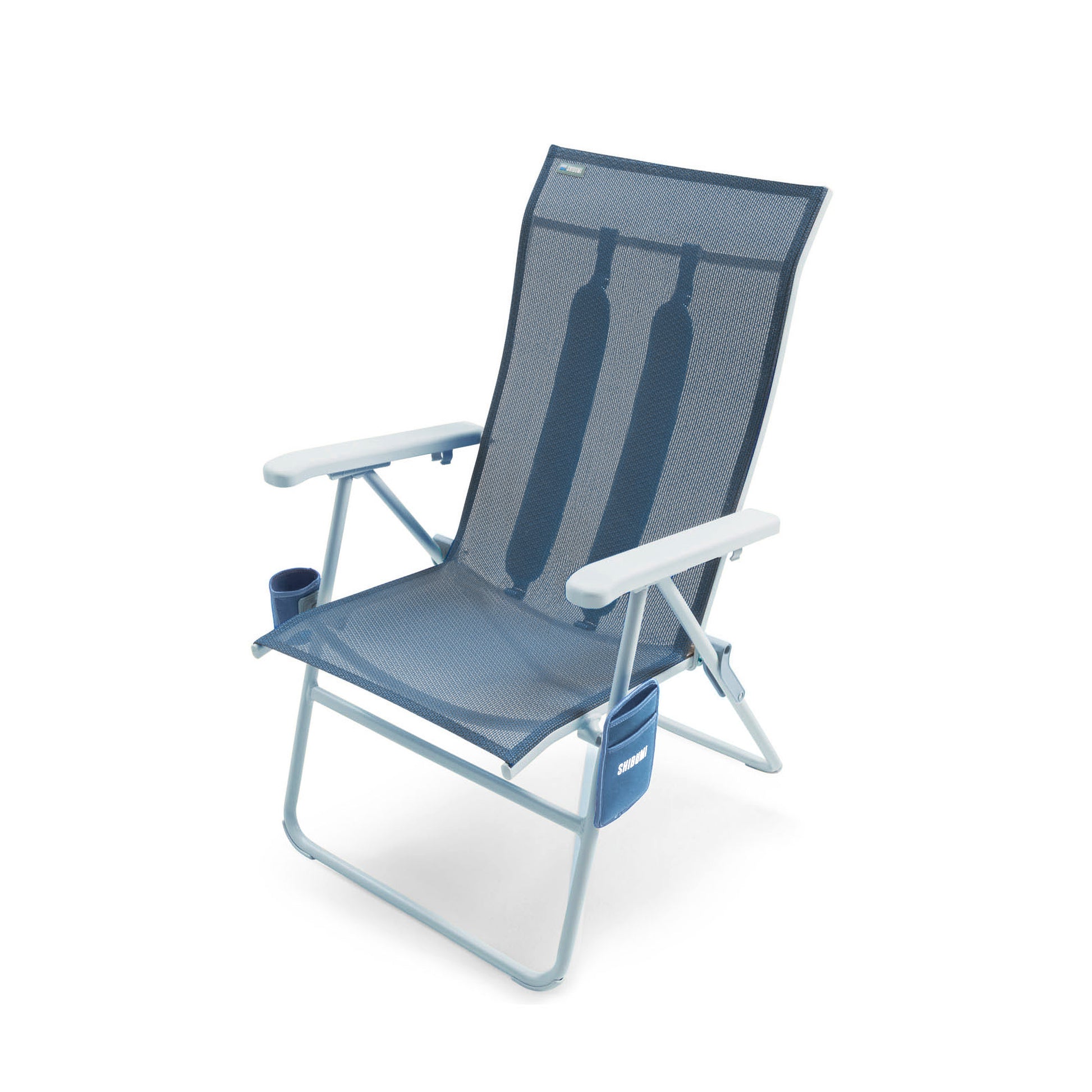 Blue folding beach chair with cup holder on a white background